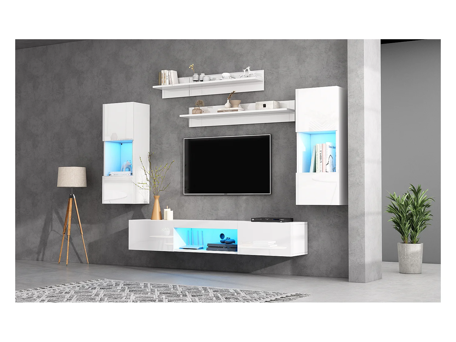 5-teiliges TV-Wohnwand-Set mit LEDs - Fernsehschrank + 2 Hängeschränke + 2 Hängeregale - Spanplatte - Weiß