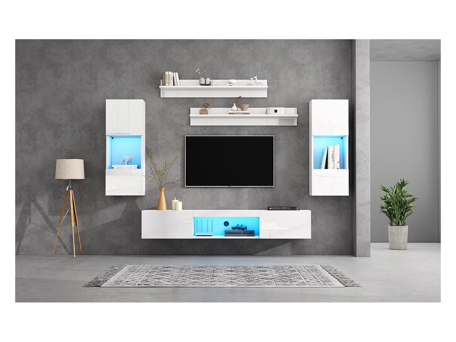 5-teiliges TV-Wohnwand-Set mit LEDs - Fernsehschrank + 2 Hängeschränke + 2 Hängeregale - Spanplatte - Weiß