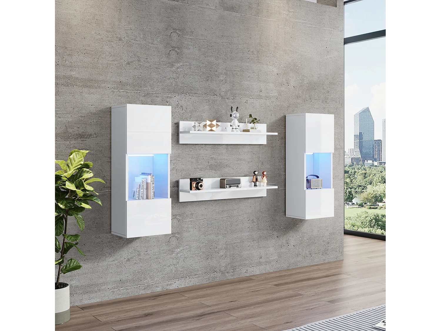 5-teiliges TV-Wohnwand-Set mit LEDs - Fernsehschrank + 2 Hängeschränke + 2 Hängeregale - Spanplatte - Weiß