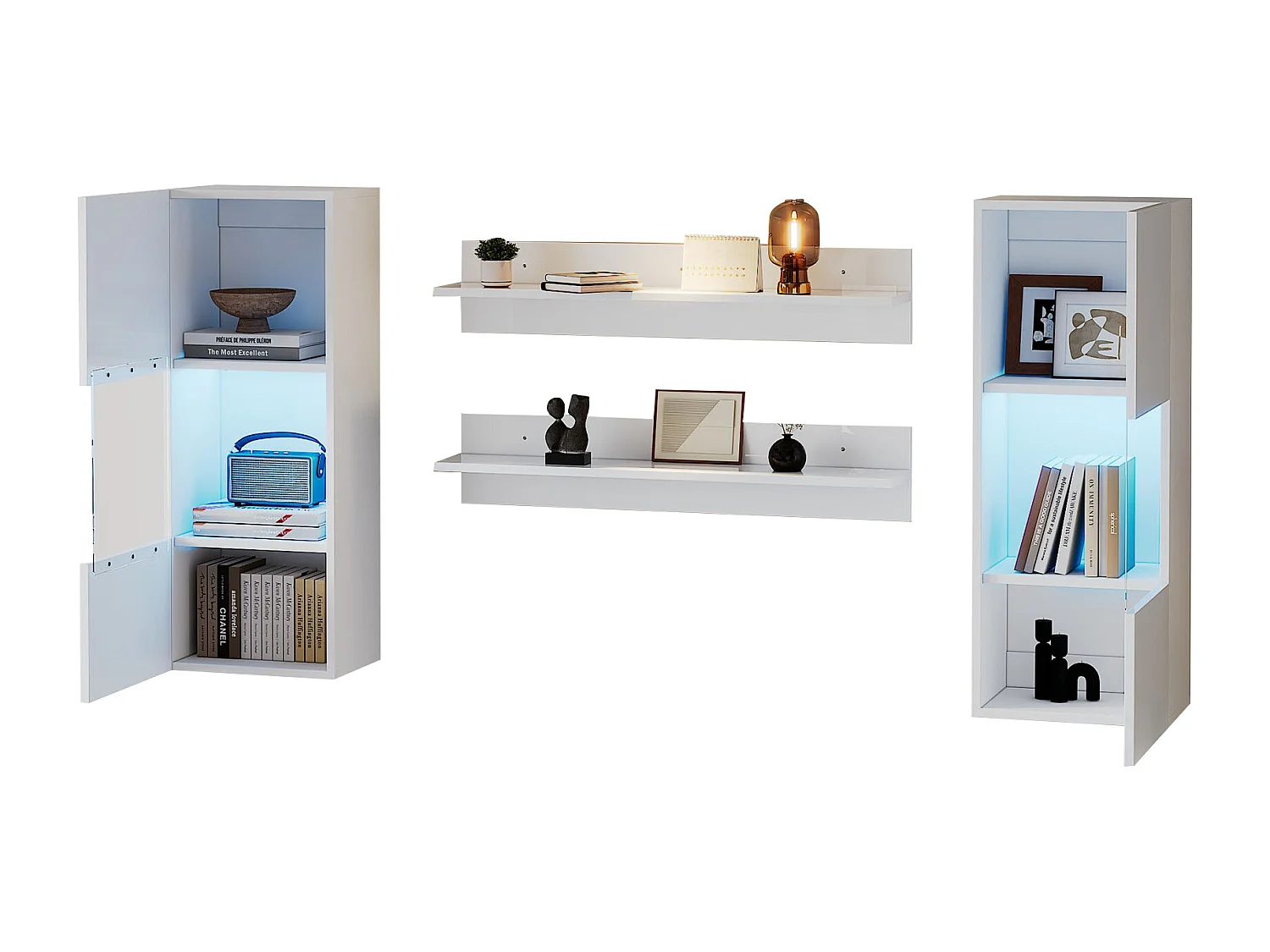 5-teiliges TV-Wohnwand-Set mit LEDs - Fernsehschrank + 2 Hängeschränke + 2 Hängeregale - Spanplatte - Weiß