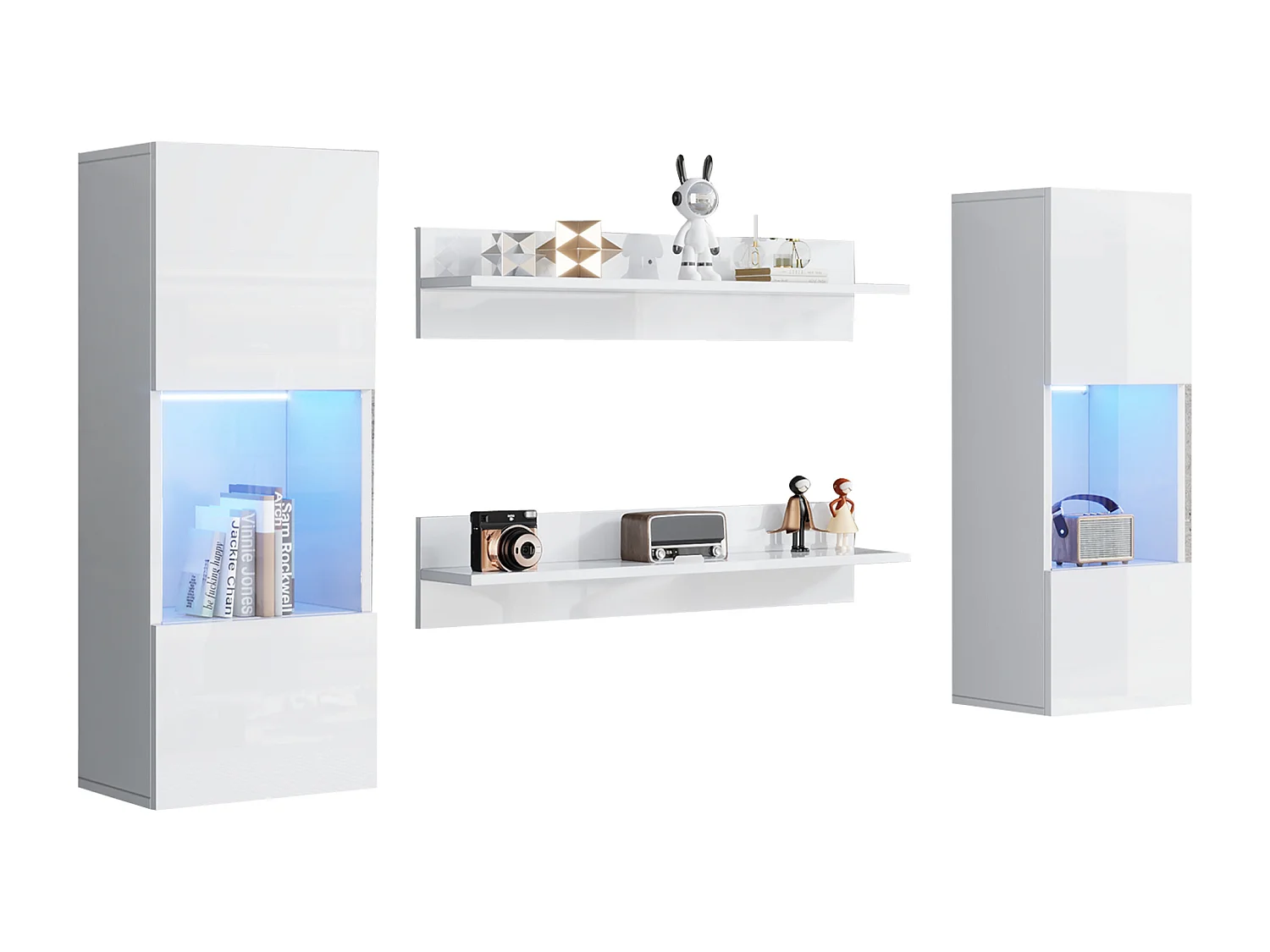 5-teiliges TV-Wohnwand-Set mit LEDs - Fernsehschrank + 2 Hängeschränke + 2 Hängeregale - Spanplatte - Weiß