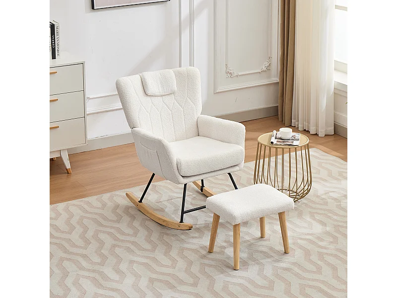 Cadeira de balanço ergonômica acolchoada com apoio para os pés + encosto alto - 65 x 88 x 87 cm - veludo - branco