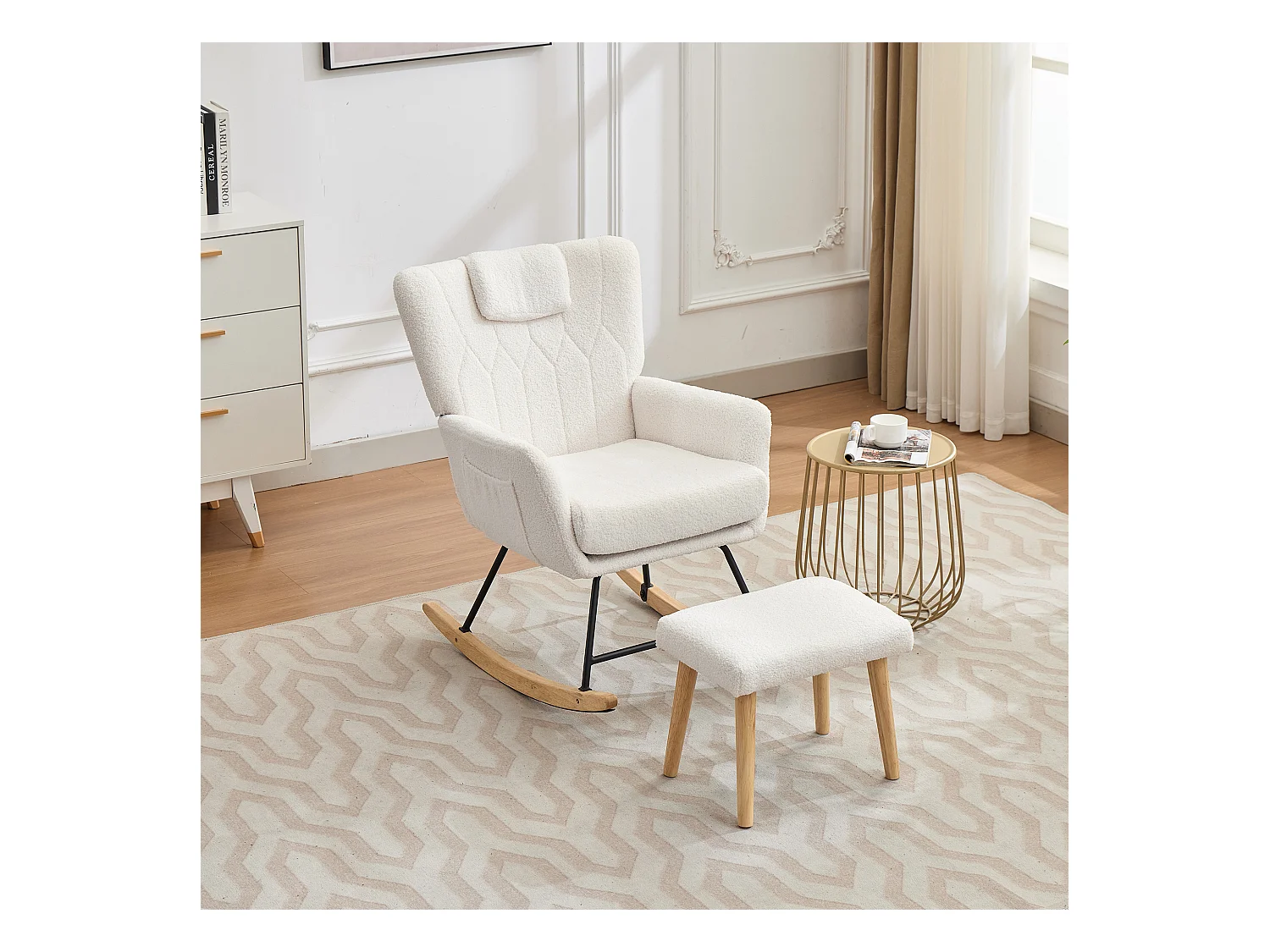 Rocking chair rembourré ergonomique avec repose-pieds + dossier haut - 65 x 88 x 87 cm - velours - blanc
