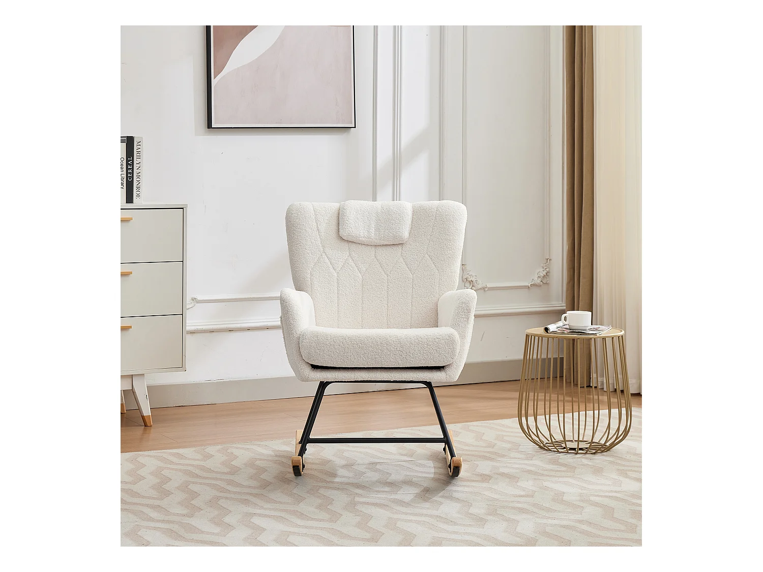 Rocking chair rembourré ergonomique avec repose-pieds + dossier haut - 65 x 88 x 87 cm - velours - blanc