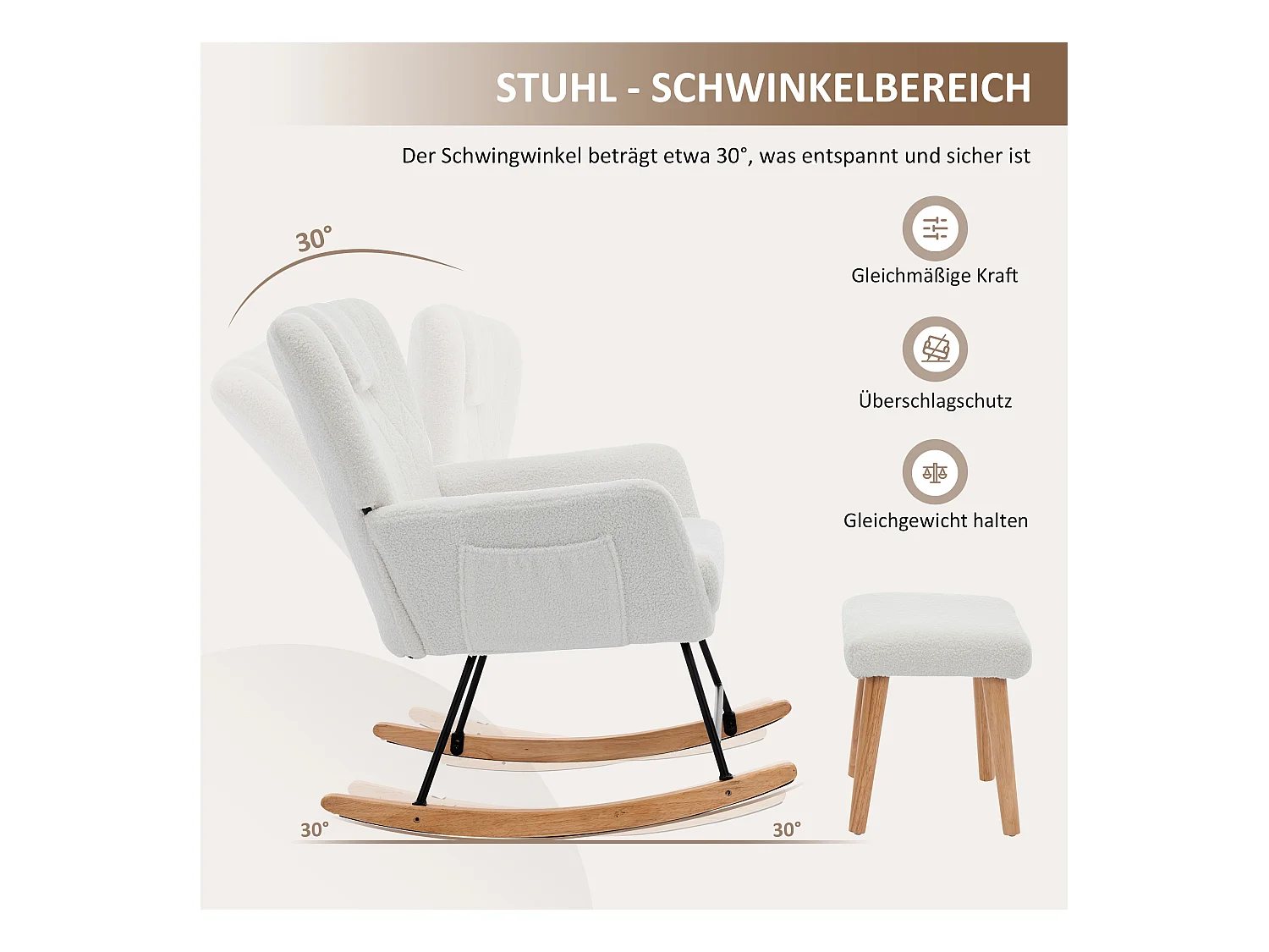 Ergonomischer gepolsterter Schaukelstuhl mit Fußstütze + hoher Rückenlehne – 65 x 88 x 87 cm – Samt – Weiß