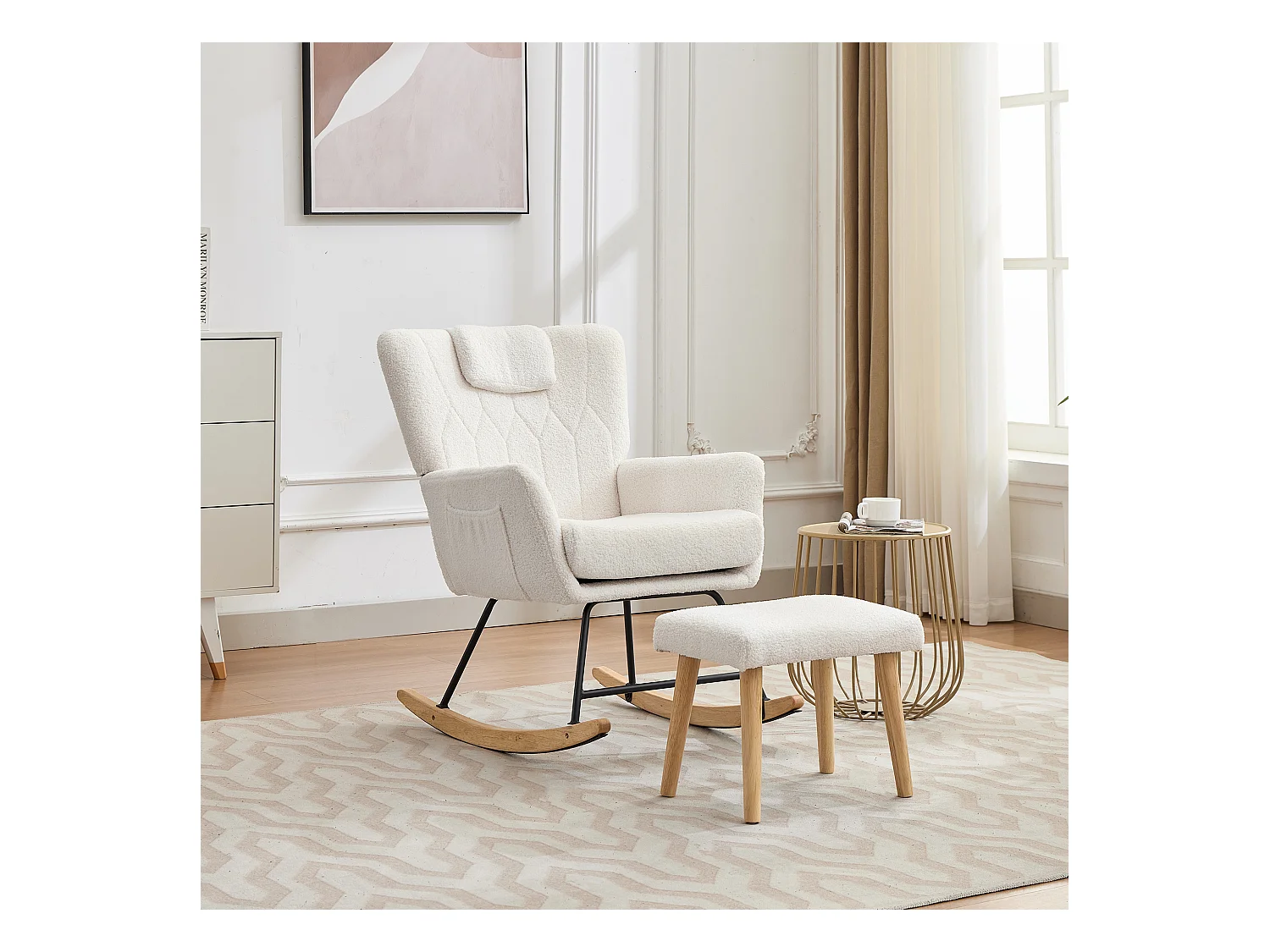 Ergonomischer gepolsterter Schaukelstuhl mit Fußstütze + hoher Rückenlehne – 65 x 88 x 87 cm – Samt – Weiß