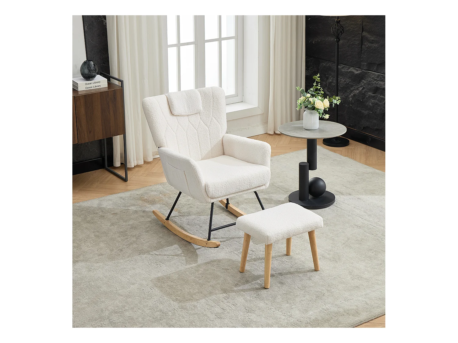 Ergonomischer gepolsterter Schaukelstuhl mit Fußstütze + hoher Rückenlehne – 65 x 88 x 87 cm – Samt – Weiß