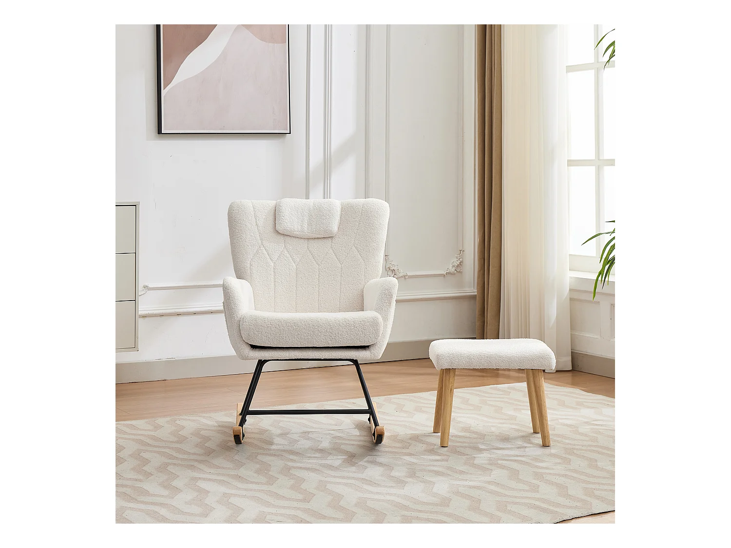 Ergonomischer gepolsterter Schaukelstuhl mit Fußstütze + hoher Rückenlehne – 65 x 88 x 87 cm – Samt – Weiß