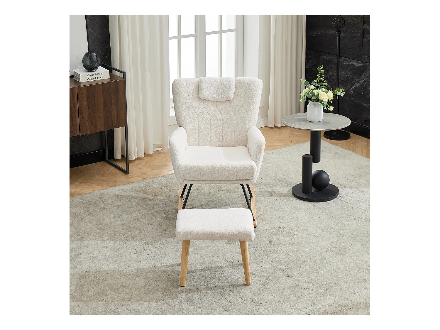 Ergonomischer gepolsterter Schaukelstuhl mit Fußstütze + hoher Rückenlehne – 65 x 88 x 87 cm – Samt – Weiß