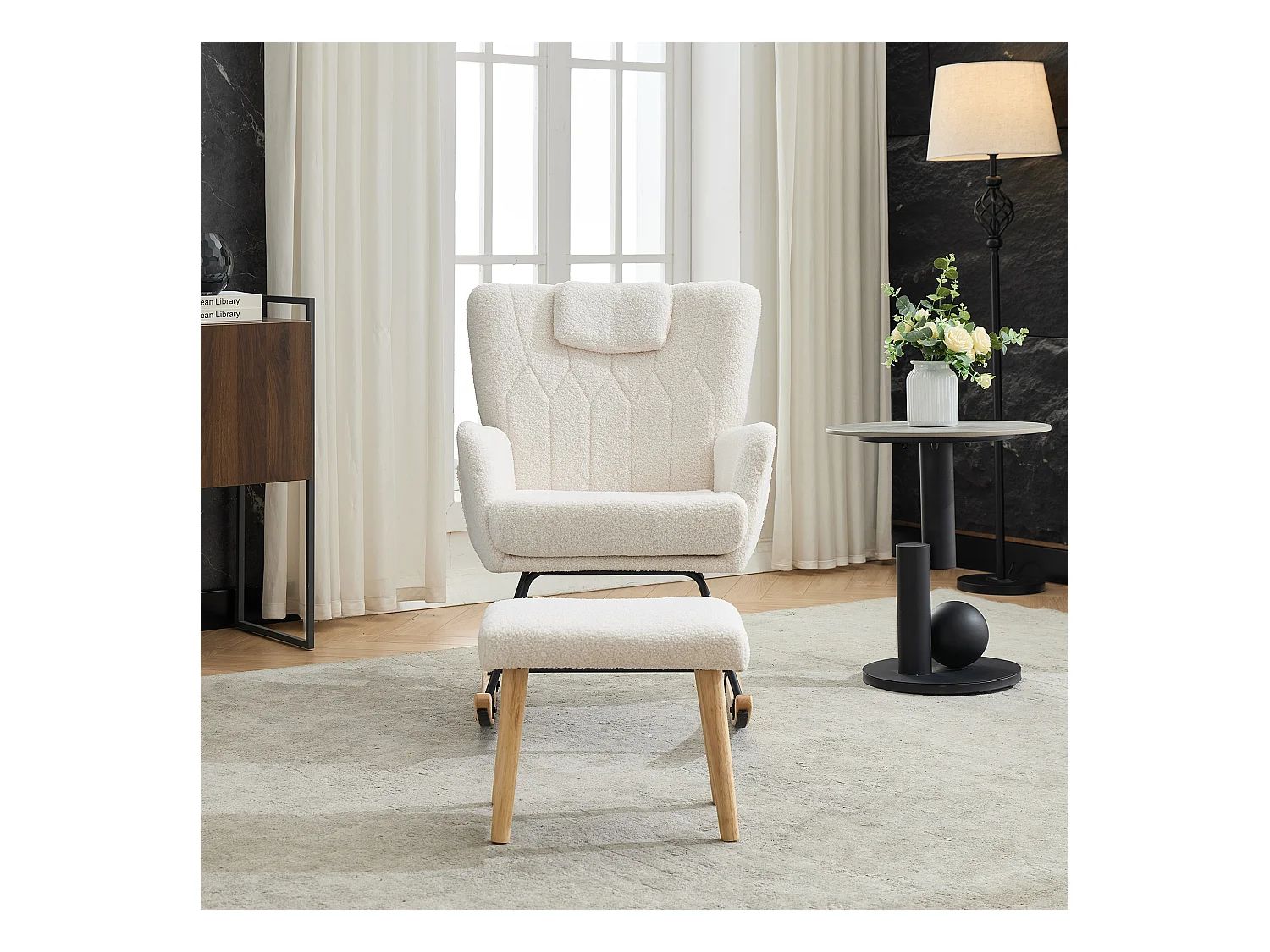 Ergonomischer gepolsterter Schaukelstuhl mit Fußstütze + hoher Rückenlehne – 65 x 88 x 87 cm – Samt – Weiß
