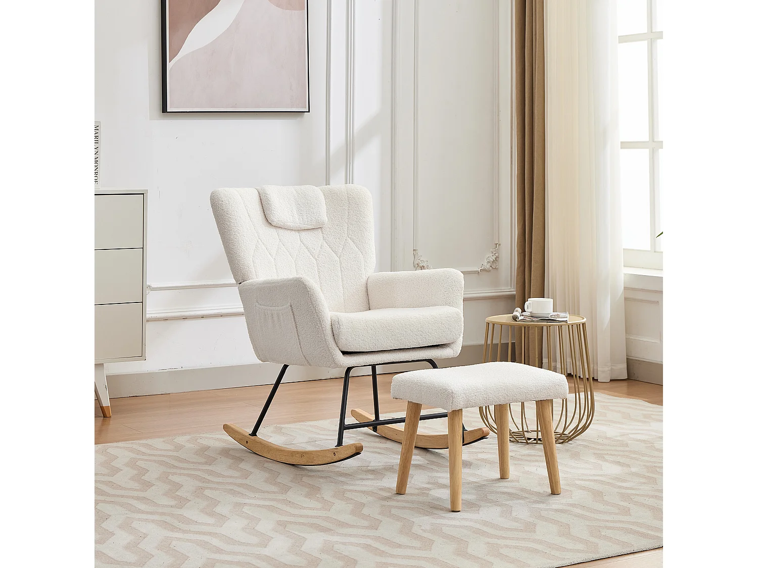 Rocking chair rembourré ergonomique avec repose-pieds + dossier haut - 65 x 88 x 87 cm - velours - blanc