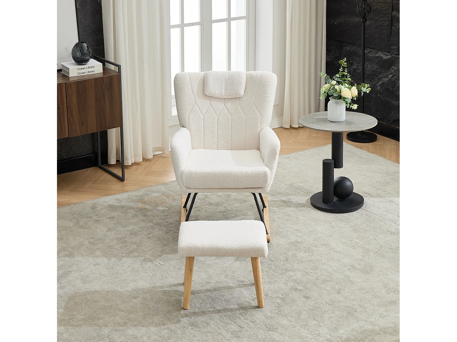 Rocking chair rembourré ergonomique avec repose-pieds + dossier haut - 65 x 88 x 87 cm - velours - blanc