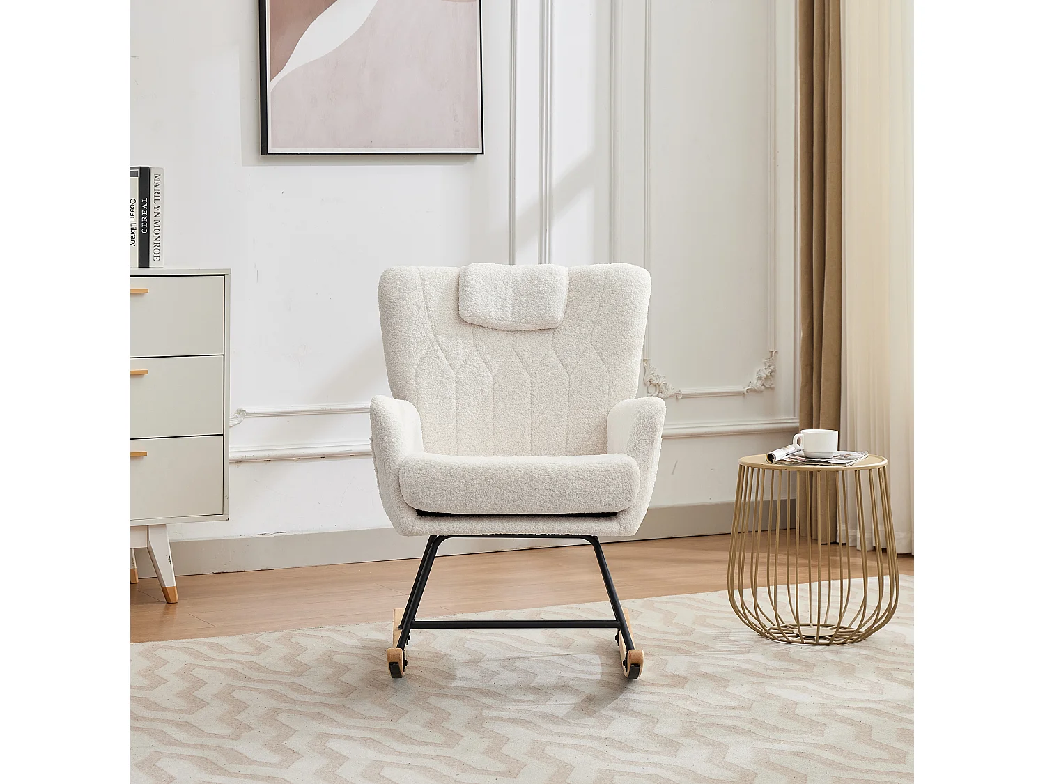 Rocking chair rembourré ergonomique avec repose-pieds + dossier haut - 65 x 88 x 87 cm - velours - blanc