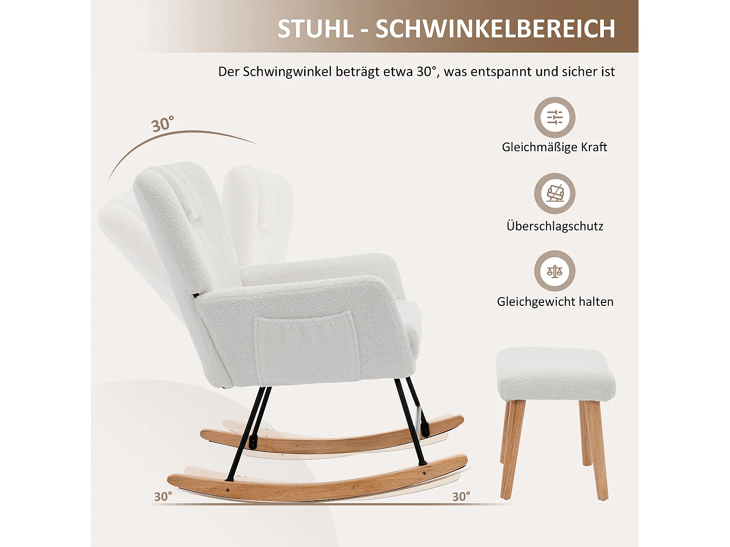 Rocking chair rembourré ergonomique avec repose-pieds + dossier haut - 65 x 88 x 87 cm - velours - blanc