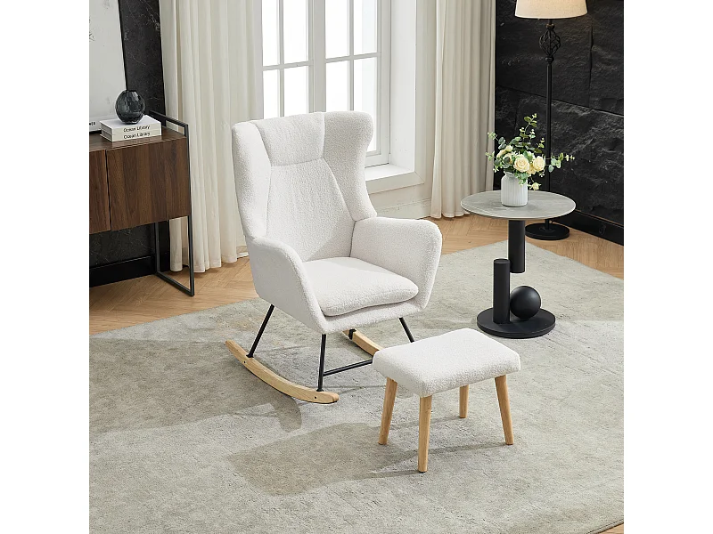 Cadeira de balanço ergonômica com apoio para os pés + encosto alto + almofada removível - 69 x 87 x 98 cm - veludo - branco