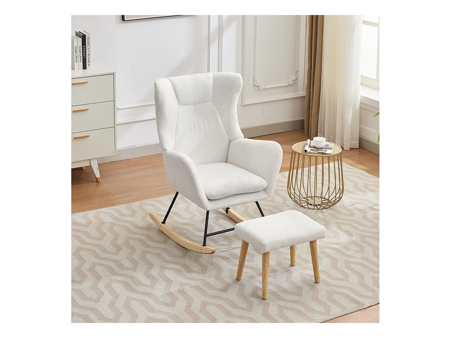 Sedia a dondolo ergonomica con poggiapiedi + schienale alto + cuscino rimovibile - 69 x 87 x 98 cm - velluto - bianco