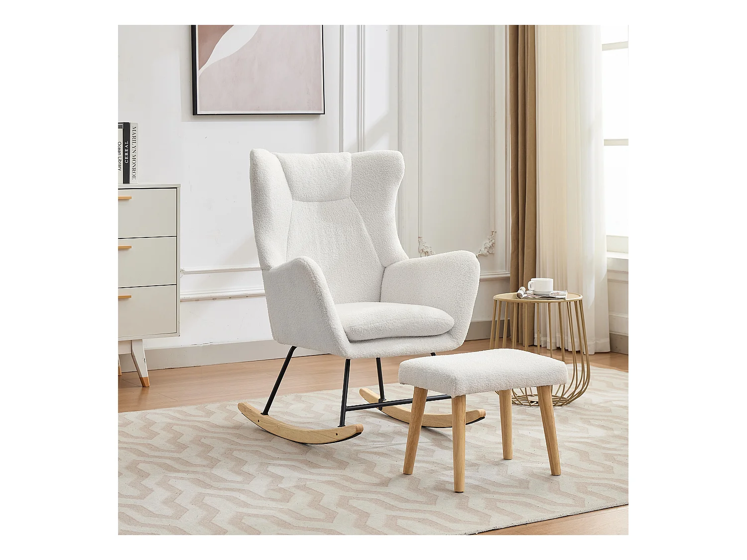 Sedia a dondolo ergonomica con poggiapiedi + schienale alto + cuscino rimovibile - 69 x 87 x 98 cm - velluto - bianco