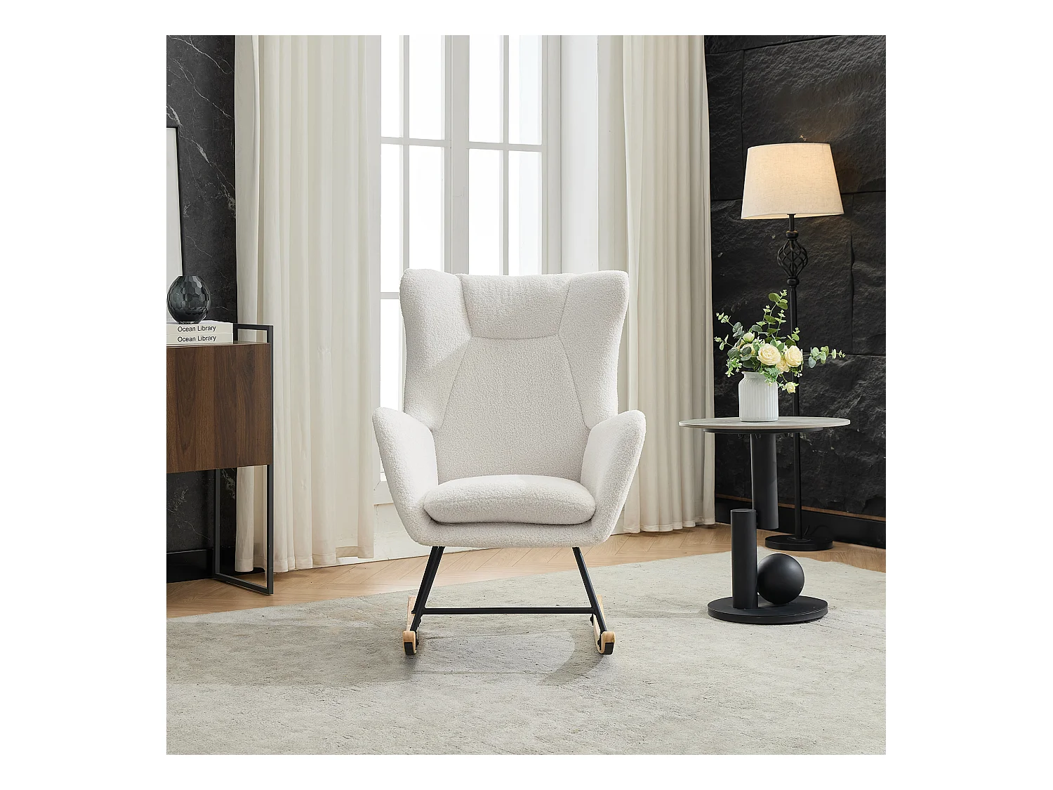 Sedia a dondolo ergonomica con poggiapiedi + schienale alto + cuscino rimovibile - 69 x 87 x 98 cm - velluto - bianco