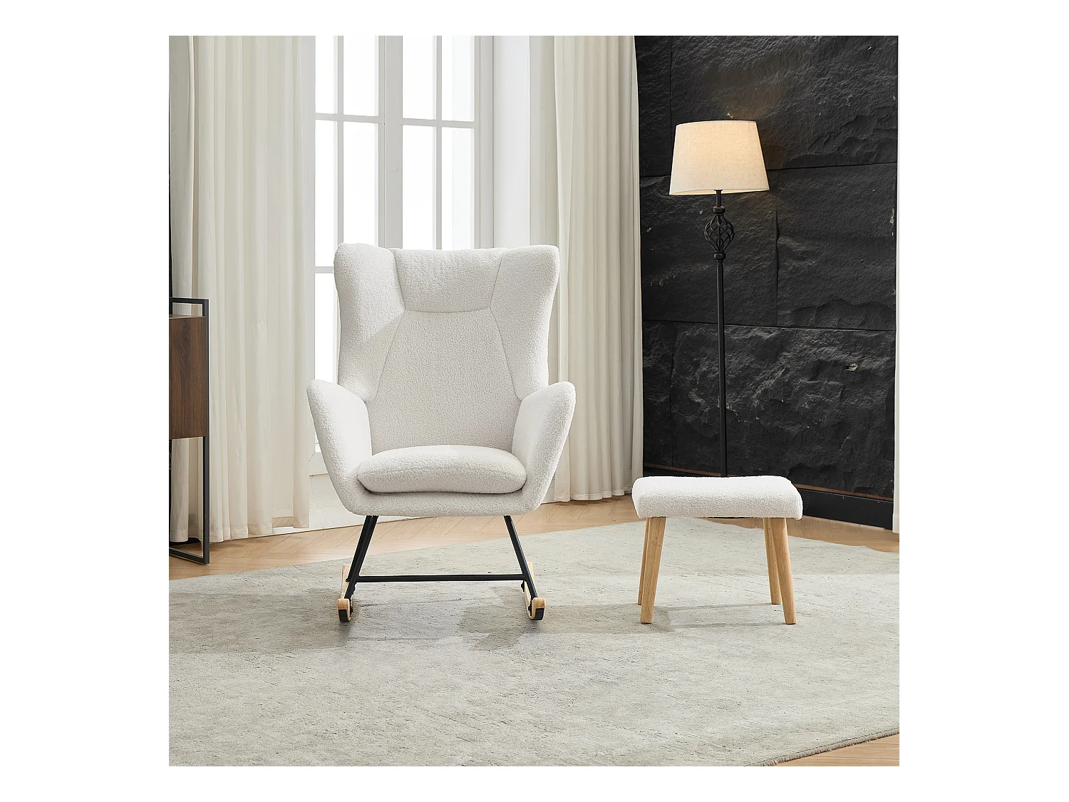 Sedia a dondolo ergonomica con poggiapiedi + schienale alto + cuscino rimovibile - 69 x 87 x 98 cm - velluto - bianco