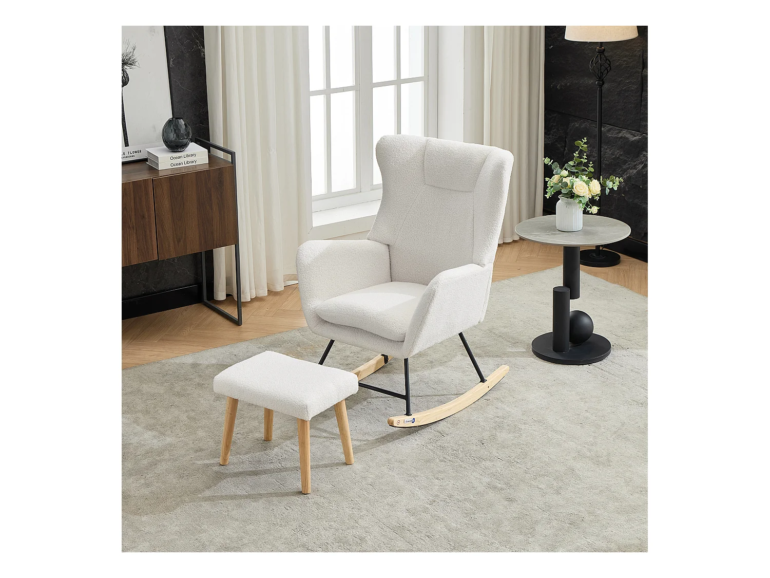 Sedia a dondolo ergonomica con poggiapiedi + schienale alto + cuscino rimovibile - 69 x 87 x 98 cm - velluto - bianco