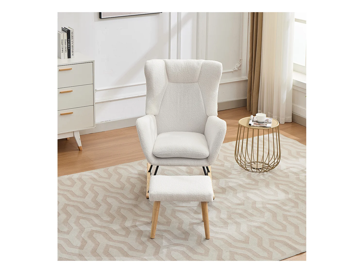 Sedia a dondolo ergonomica con poggiapiedi + schienale alto + cuscino rimovibile - 69 x 87 x 98 cm - velluto - bianco