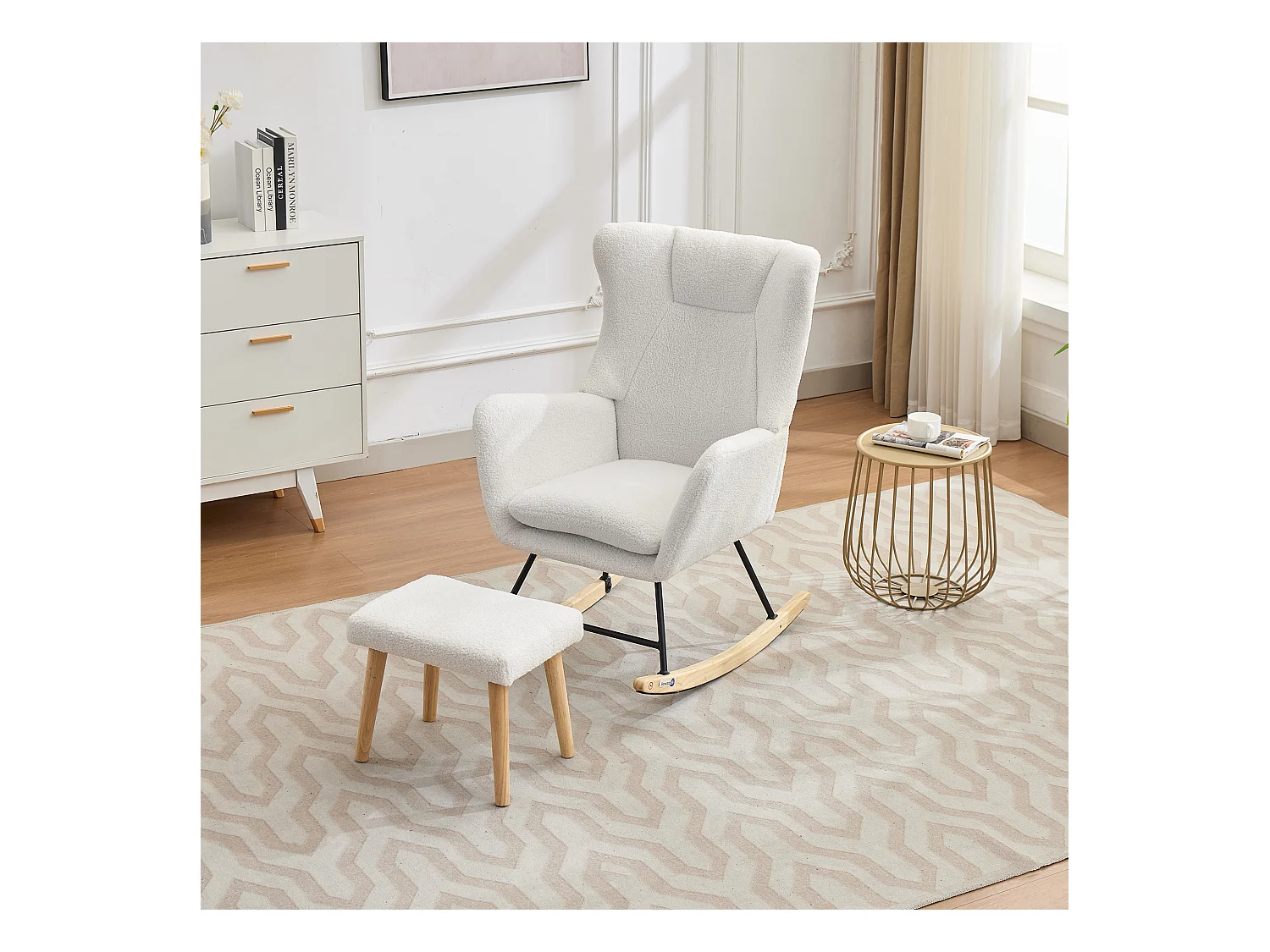 Sedia a dondolo ergonomica con poggiapiedi + schienale alto + cuscino rimovibile - 69 x 87 x 98 cm - velluto - bianco