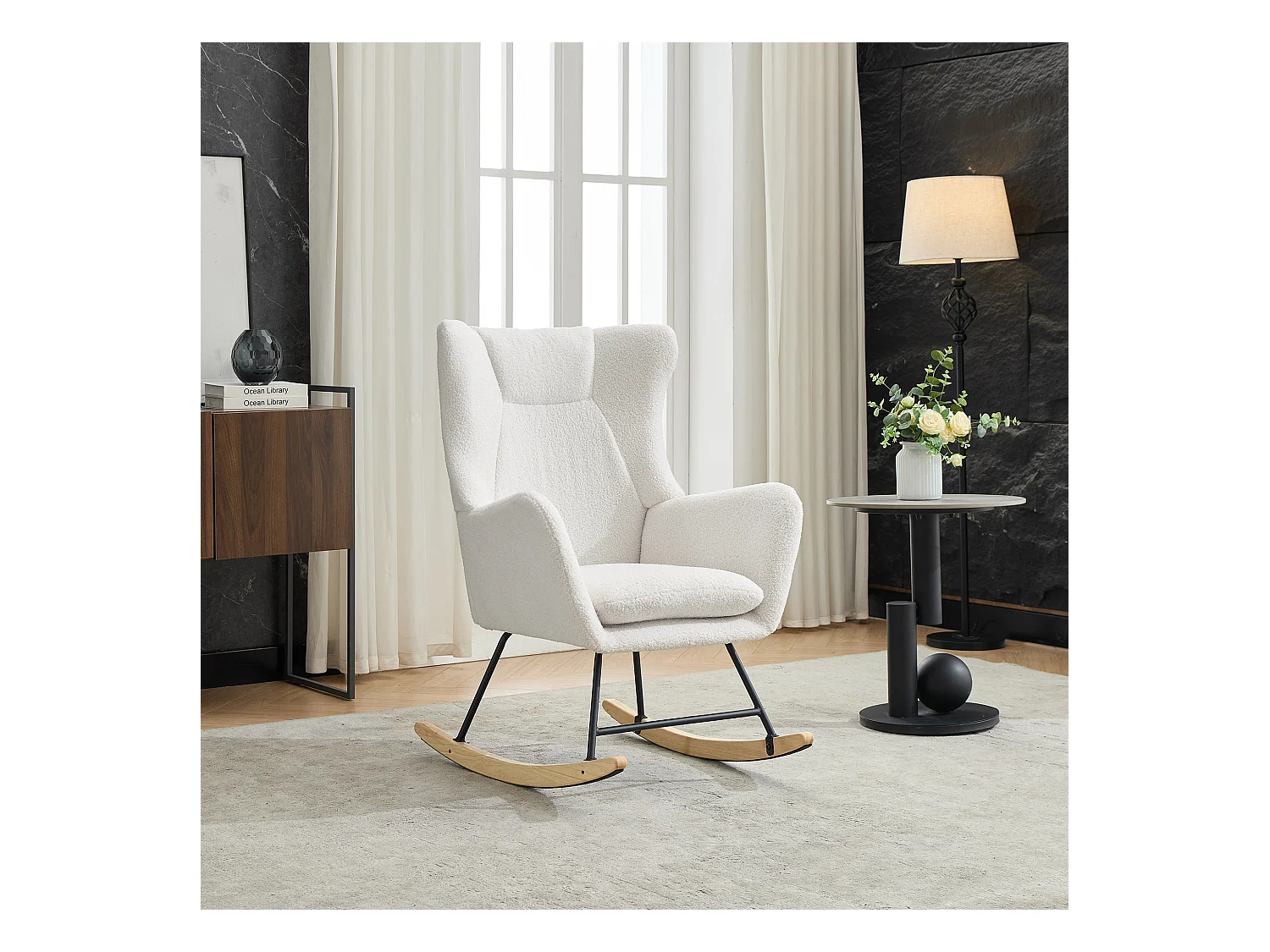 Sedia a dondolo ergonomica con poggiapiedi + schienale alto + cuscino rimovibile - 69 x 87 x 98 cm - velluto - bianco
