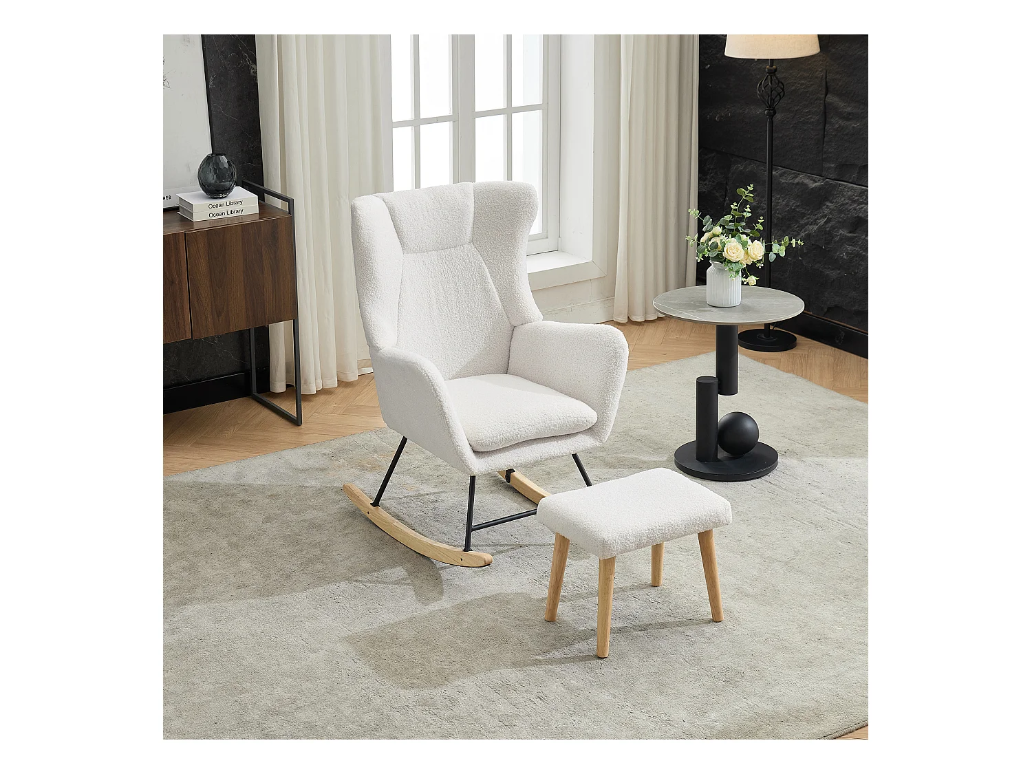 Rocking chair ergonomique avec repose-pieds + dossier haut + coussin amovible - 69 x 87 x 98 cm - velours - blanc