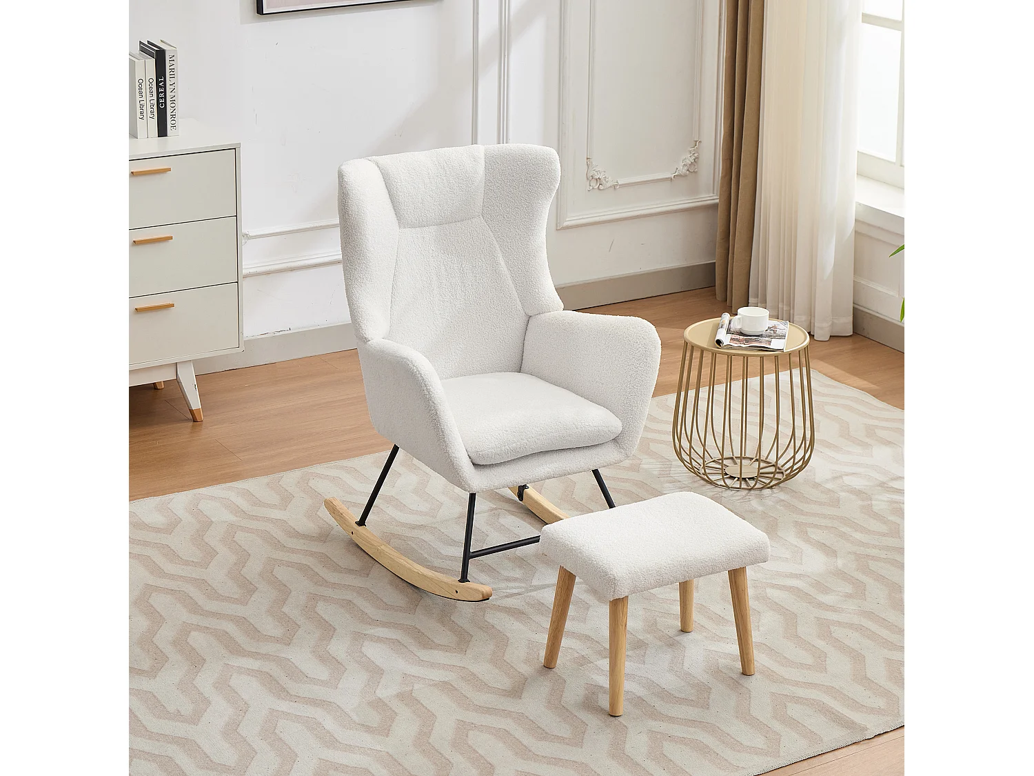 Ergonomischer Schaukelstuhl mit Fußstütze + hoher Rückenlehne + abnehmbarem Kissen – 69 x 87 x 98 cm – Samt – Weiß