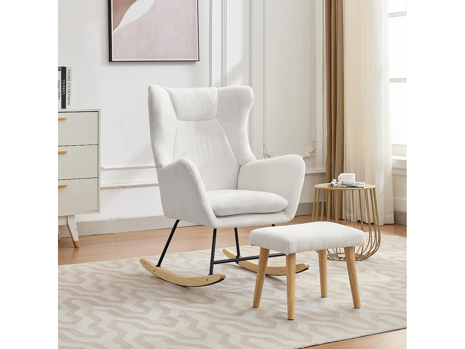 Ergonomischer Schaukelstuhl mit Fußstütze + hoher Rückenlehne + abnehmbarem Kissen – 69 x 87 x 98 cm – Samt – Weiß