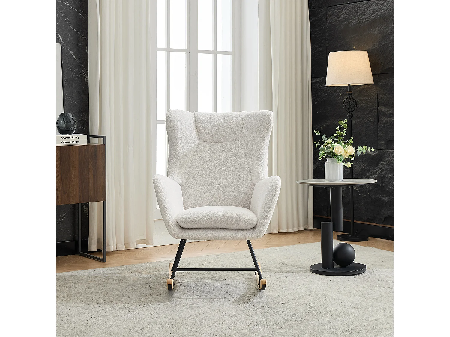 Ergonomischer Schaukelstuhl mit Fußstütze + hoher Rückenlehne + abnehmbarem Kissen – 69 x 87 x 98 cm – Samt – Weiß