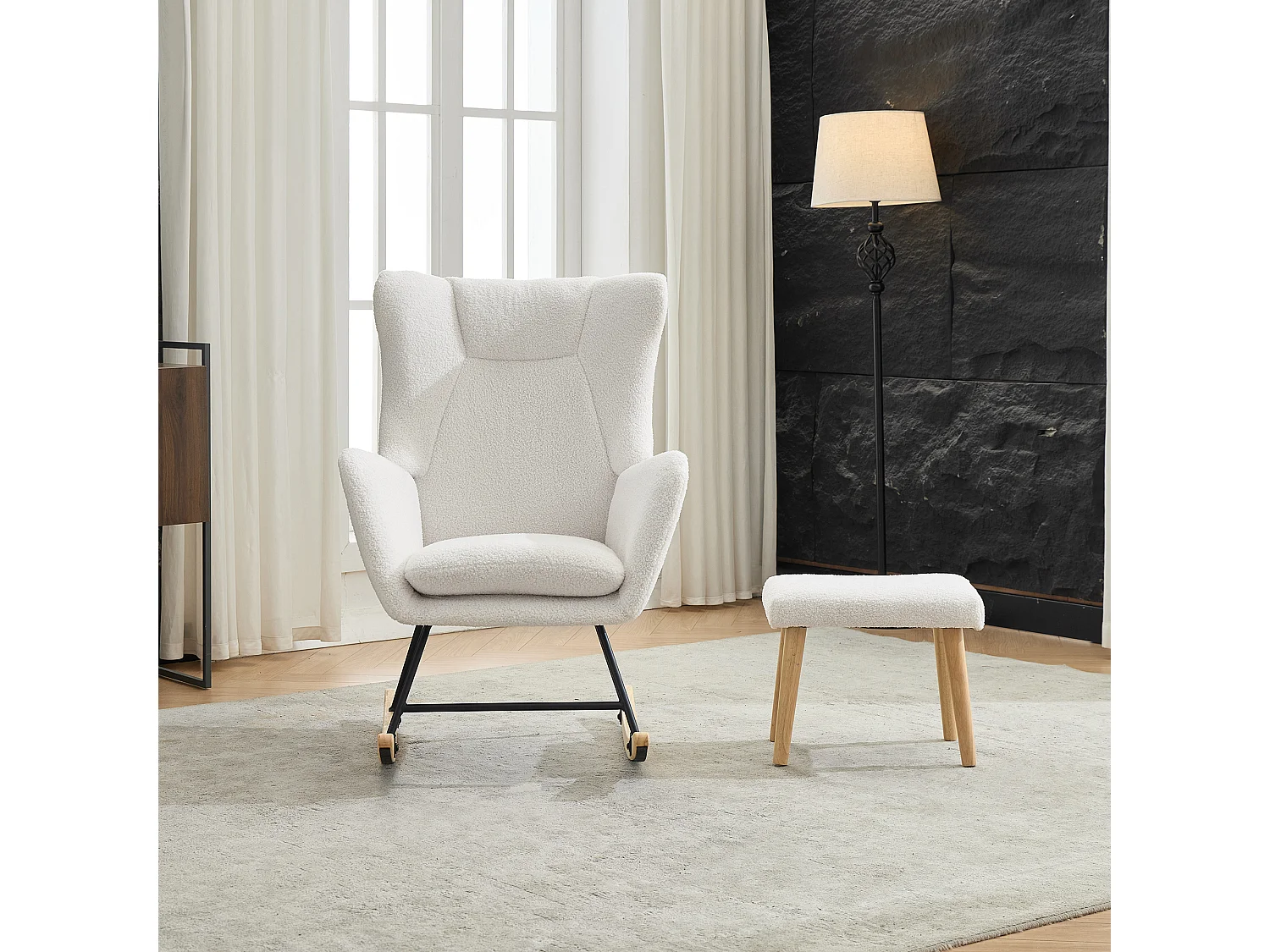 Ergonomischer Schaukelstuhl mit Fußstütze + hoher Rückenlehne + abnehmbarem Kissen – 69 x 87 x 98 cm – Samt – Weiß