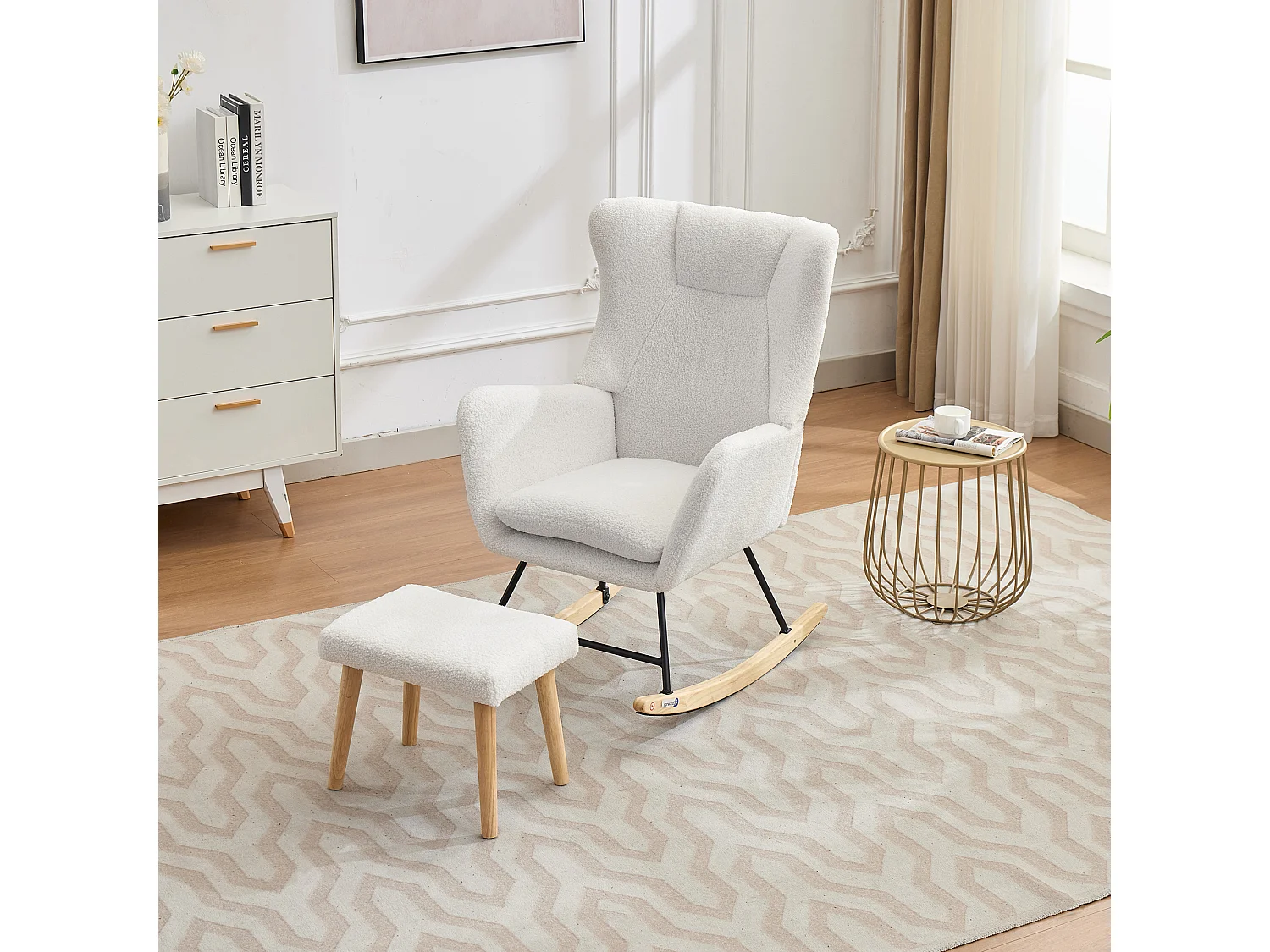 Ergonomischer Schaukelstuhl mit Fußstütze + hoher Rückenlehne + abnehmbarem Kissen – 69 x 87 x 98 cm – Samt – Weiß