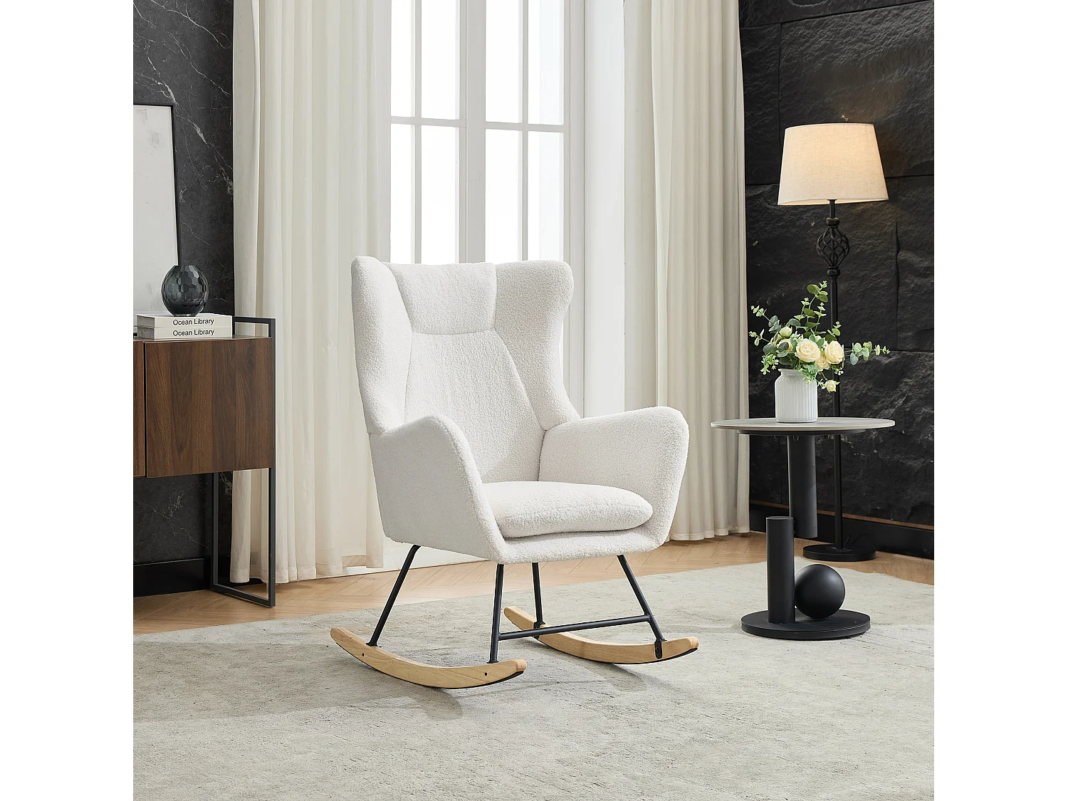 Ergonomischer Schaukelstuhl mit Fußstütze + hoher Rückenlehne + abnehmbarem Kissen – 69 x 87 x 98 cm – Samt – Weiß