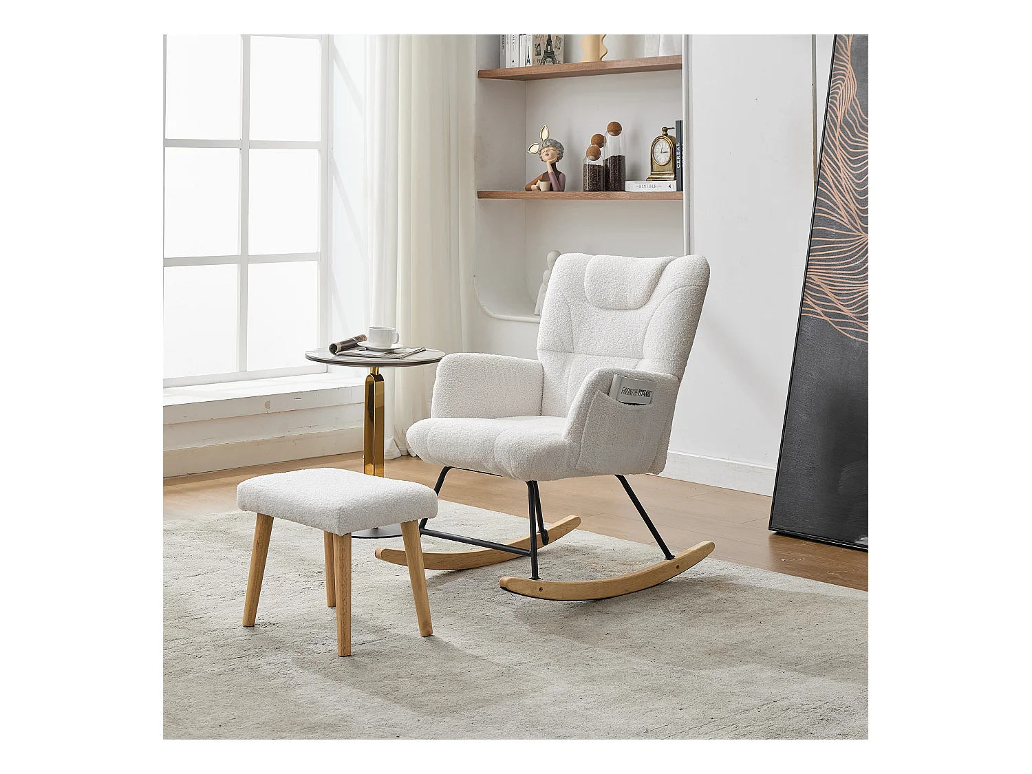 Rocking chair rembourré ergonomique avec repose-pieds + dossier haut - 62 x 82 x 87 cm - velours - blanc