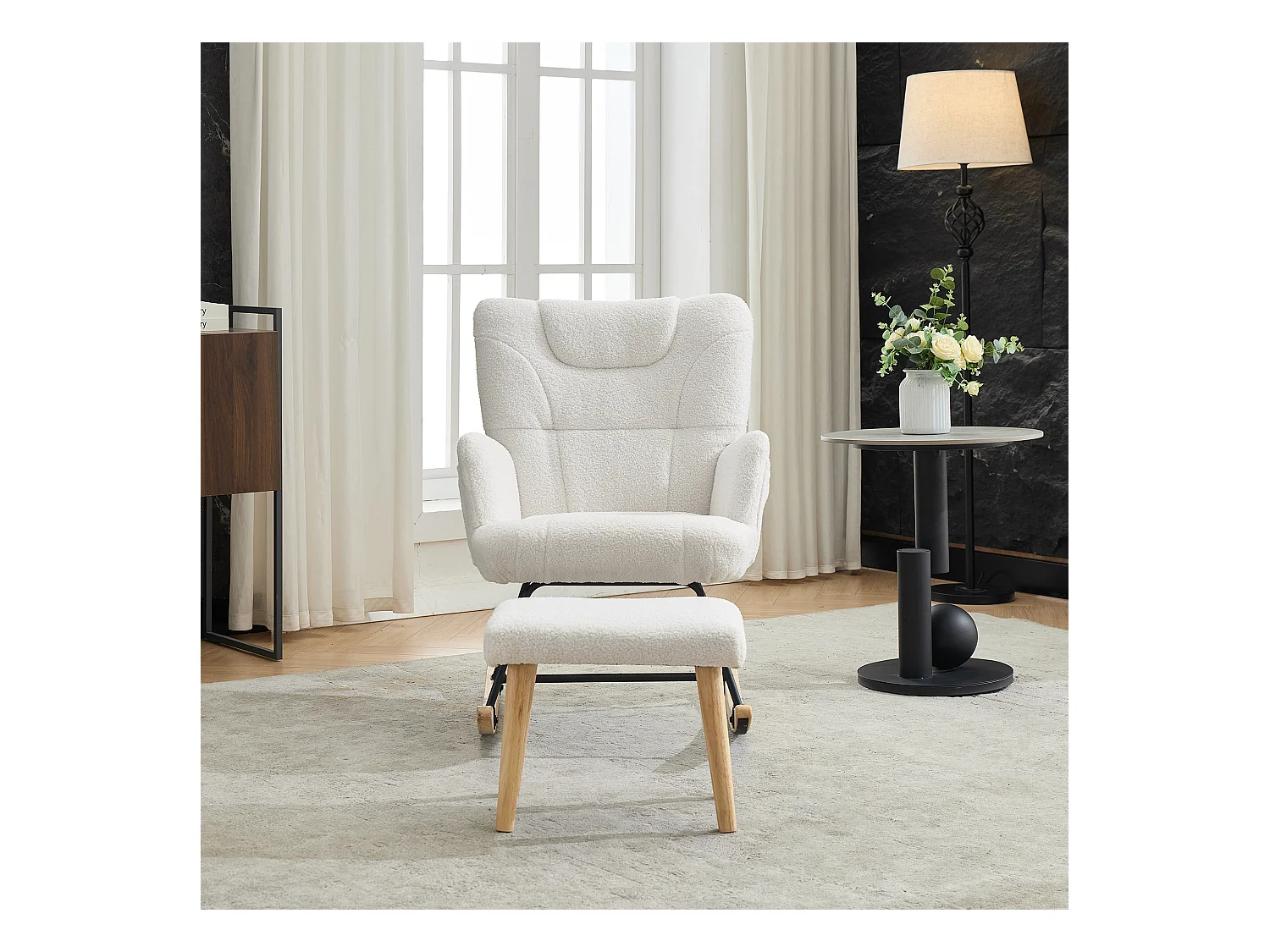 Ergonomischer gepolsterter Schaukelstuhl mit Fußstütze + hoher Rückenlehne – 62 x 82 x 87 cm – Samt – Weiß