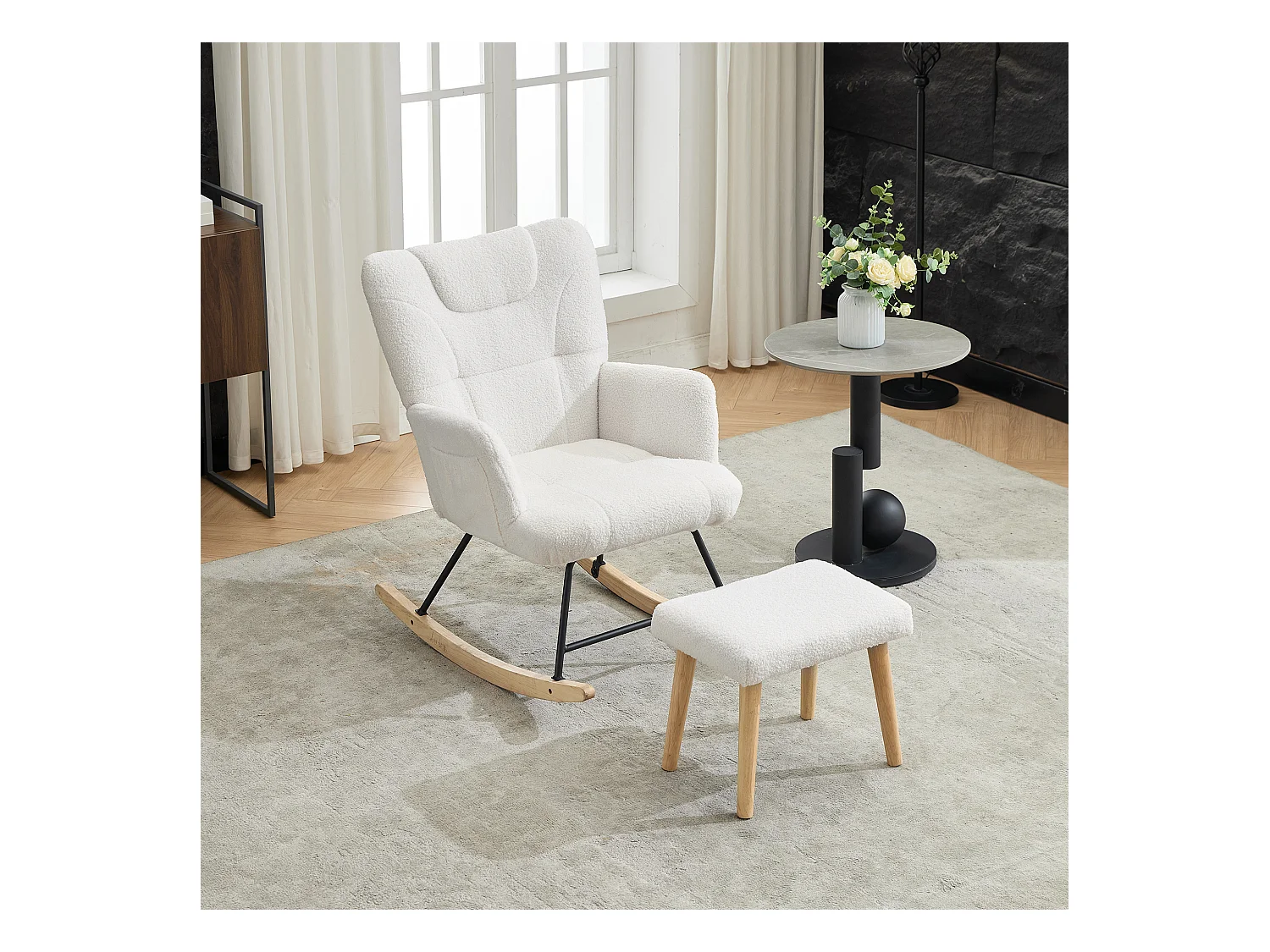 Ergonomischer gepolsterter Schaukelstuhl mit Fußstütze + hoher Rückenlehne – 62 x 82 x 87 cm – Samt – Weiß