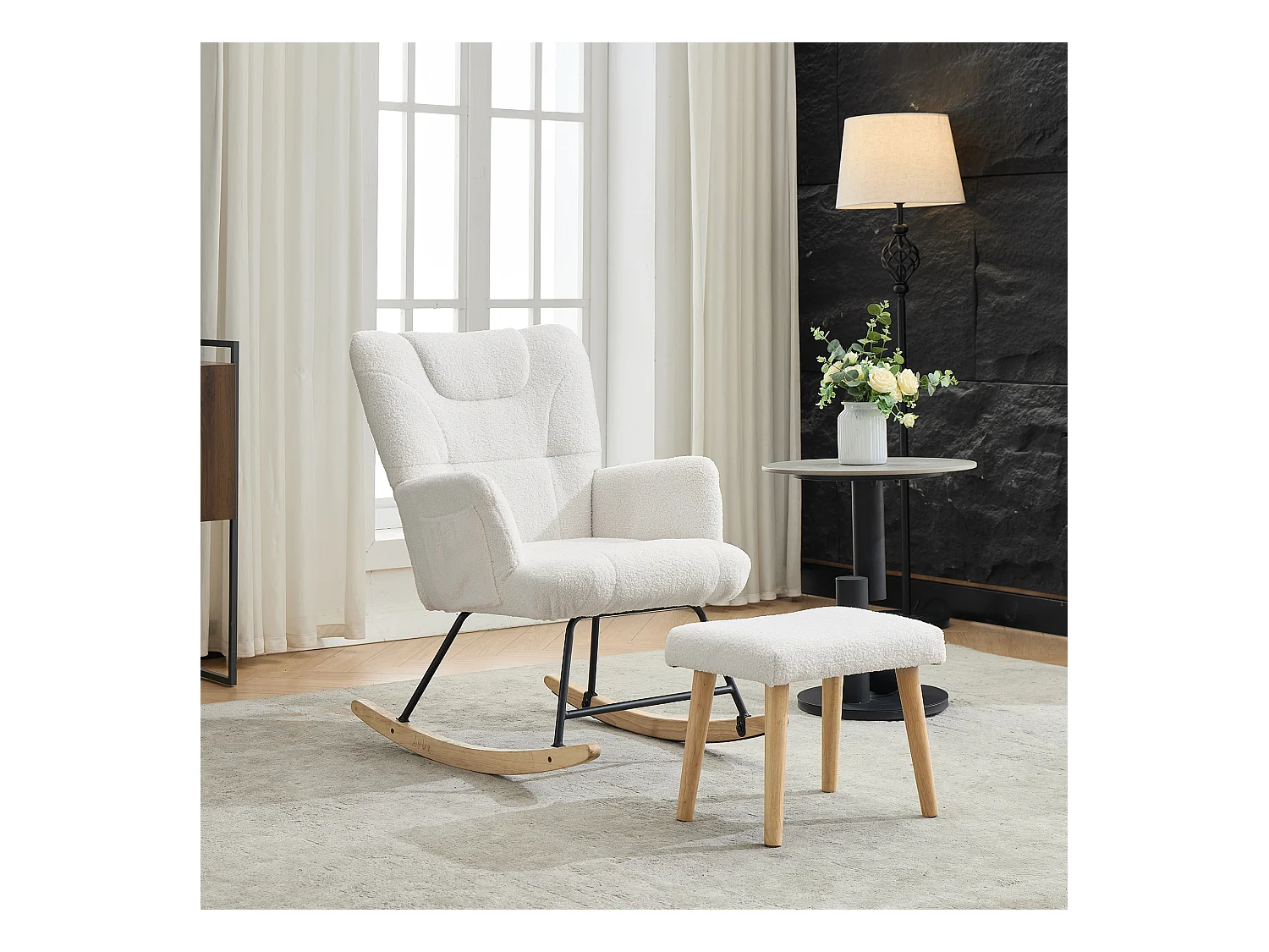Ergonomischer gepolsterter Schaukelstuhl mit Fußstütze + hoher Rückenlehne – 62 x 82 x 87 cm – Samt – Weiß
