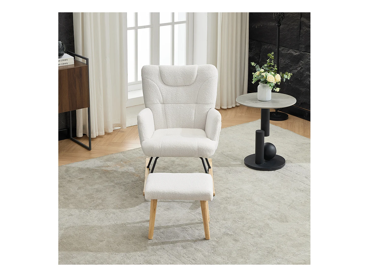 Ergonomischer gepolsterter Schaukelstuhl mit Fußstütze + hoher Rückenlehne – 62 x 82 x 87 cm – Samt – Weiß