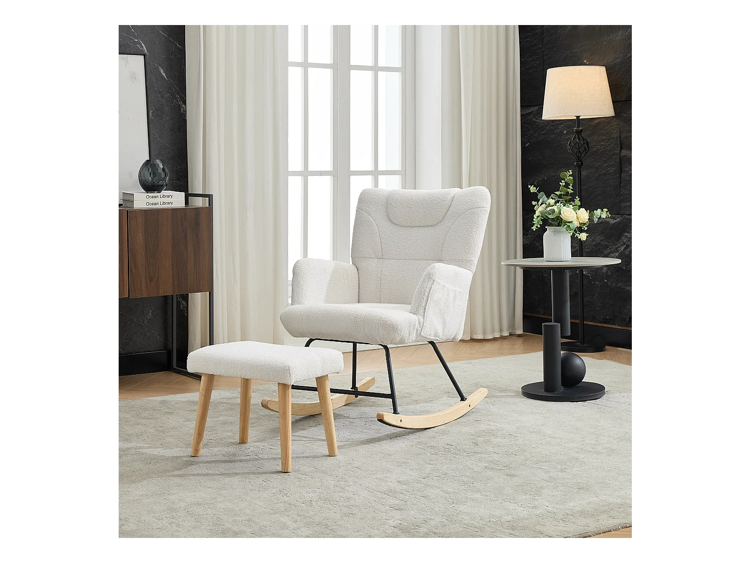 Ergonomischer gepolsterter Schaukelstuhl mit Fußstütze + hoher Rückenlehne – 62 x 82 x 87 cm – Samt – Weiß