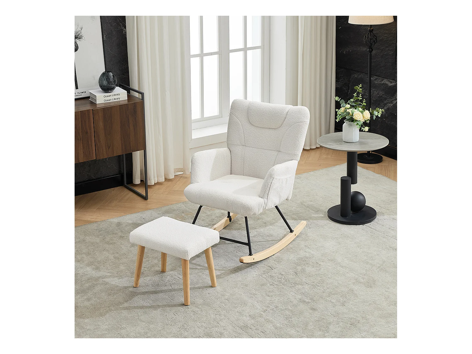 Ergonomischer gepolsterter Schaukelstuhl mit Fußstütze + hoher Rückenlehne – 62 x 82 x 87 cm – Samt – Weiß