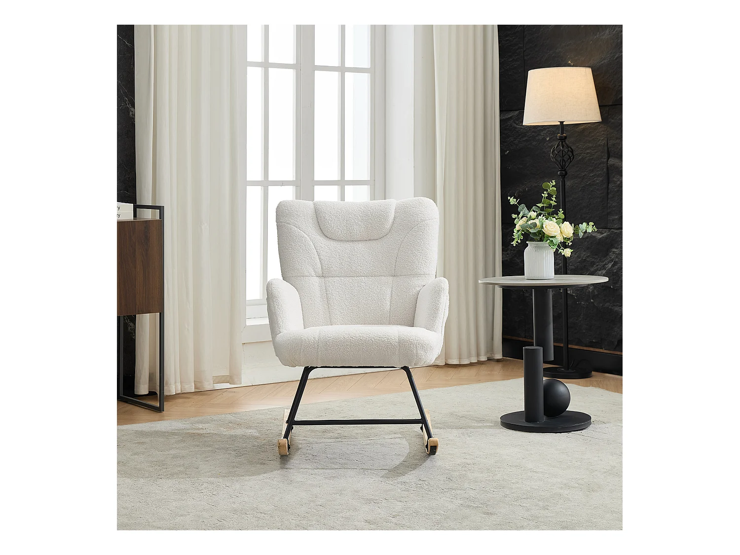 Ergonomischer gepolsterter Schaukelstuhl mit Fußstütze + hoher Rückenlehne – 62 x 82 x 87 cm – Samt – Weiß