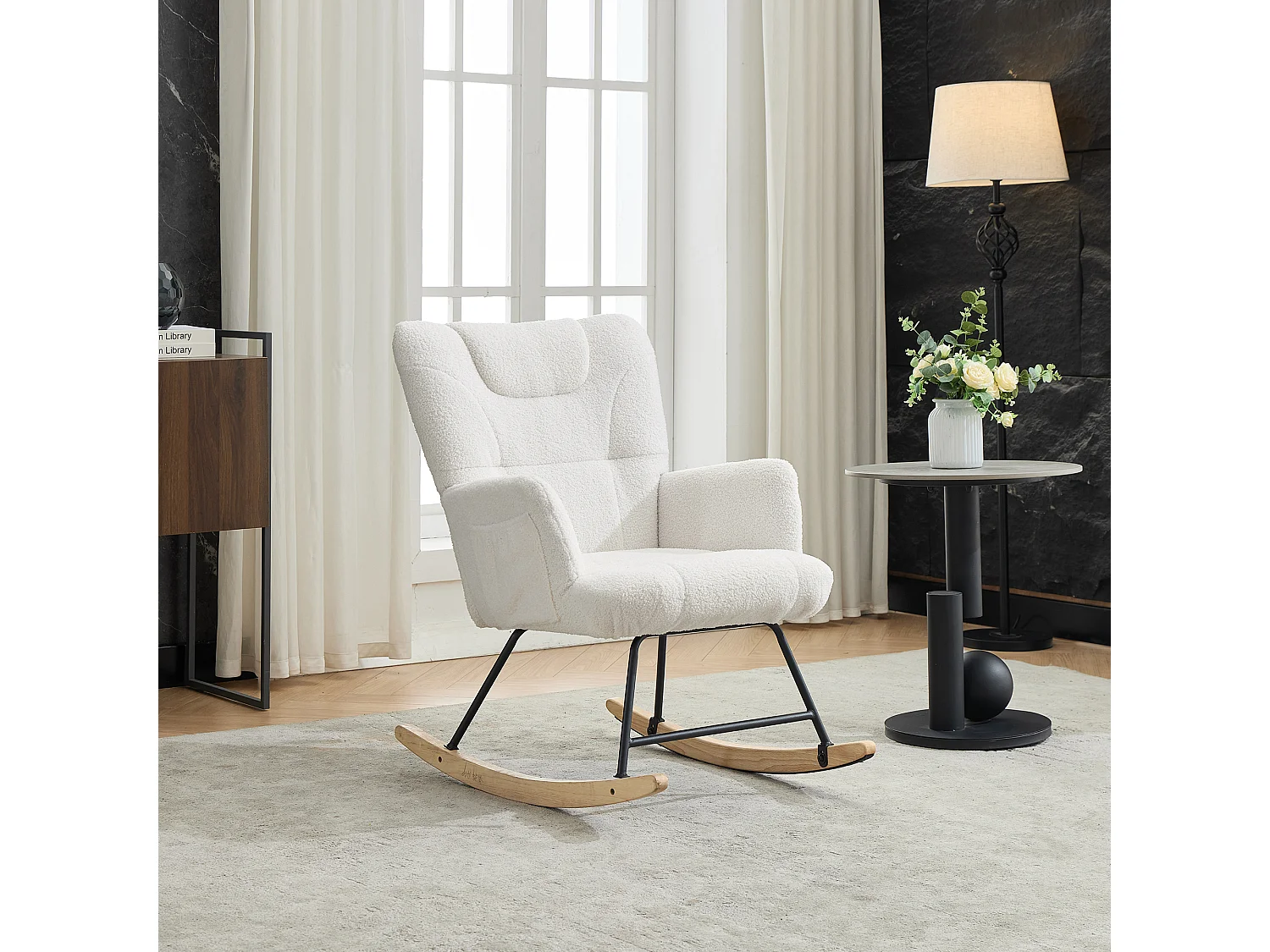 Rocking chair rembourré ergonomique avec repose-pieds + dossier haut - 62 x 82 x 87 cm - velours - blanc