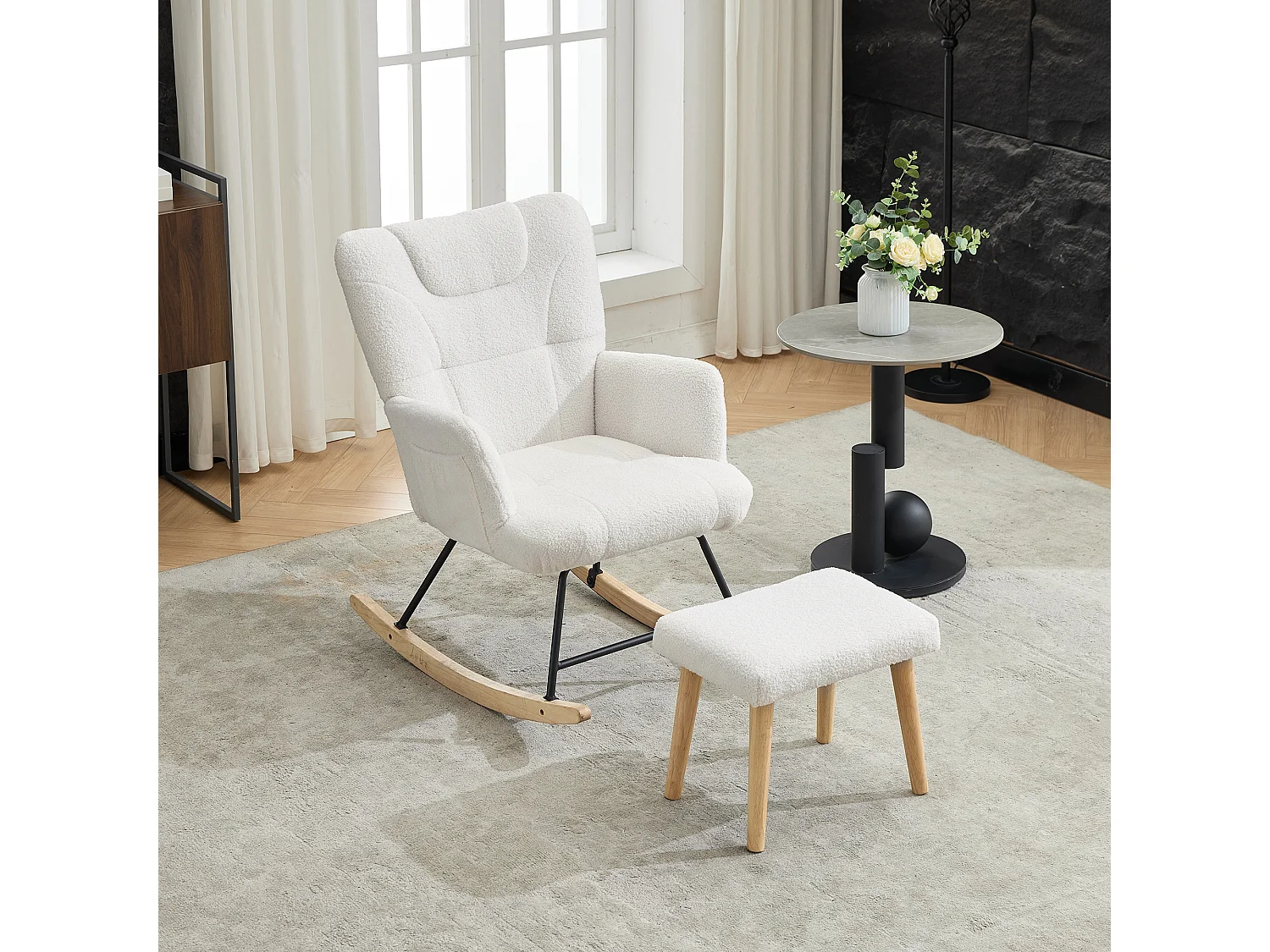 Rocking chair rembourré ergonomique avec repose-pieds + dossier haut - 62 x 82 x 87 cm - velours - blanc