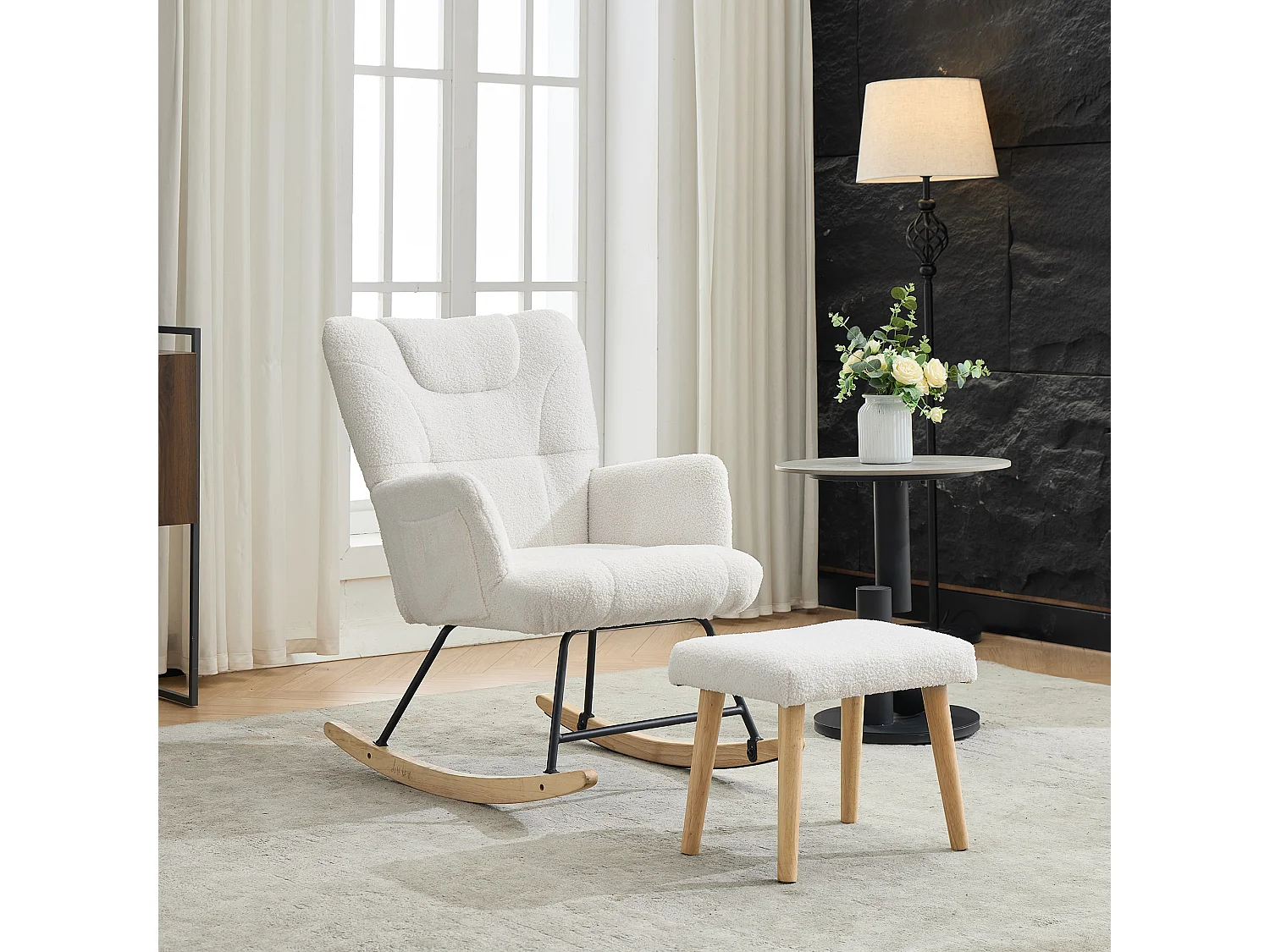 Rocking chair rembourré ergonomique avec repose-pieds + dossier haut - 62 x 82 x 87 cm - velours - blanc