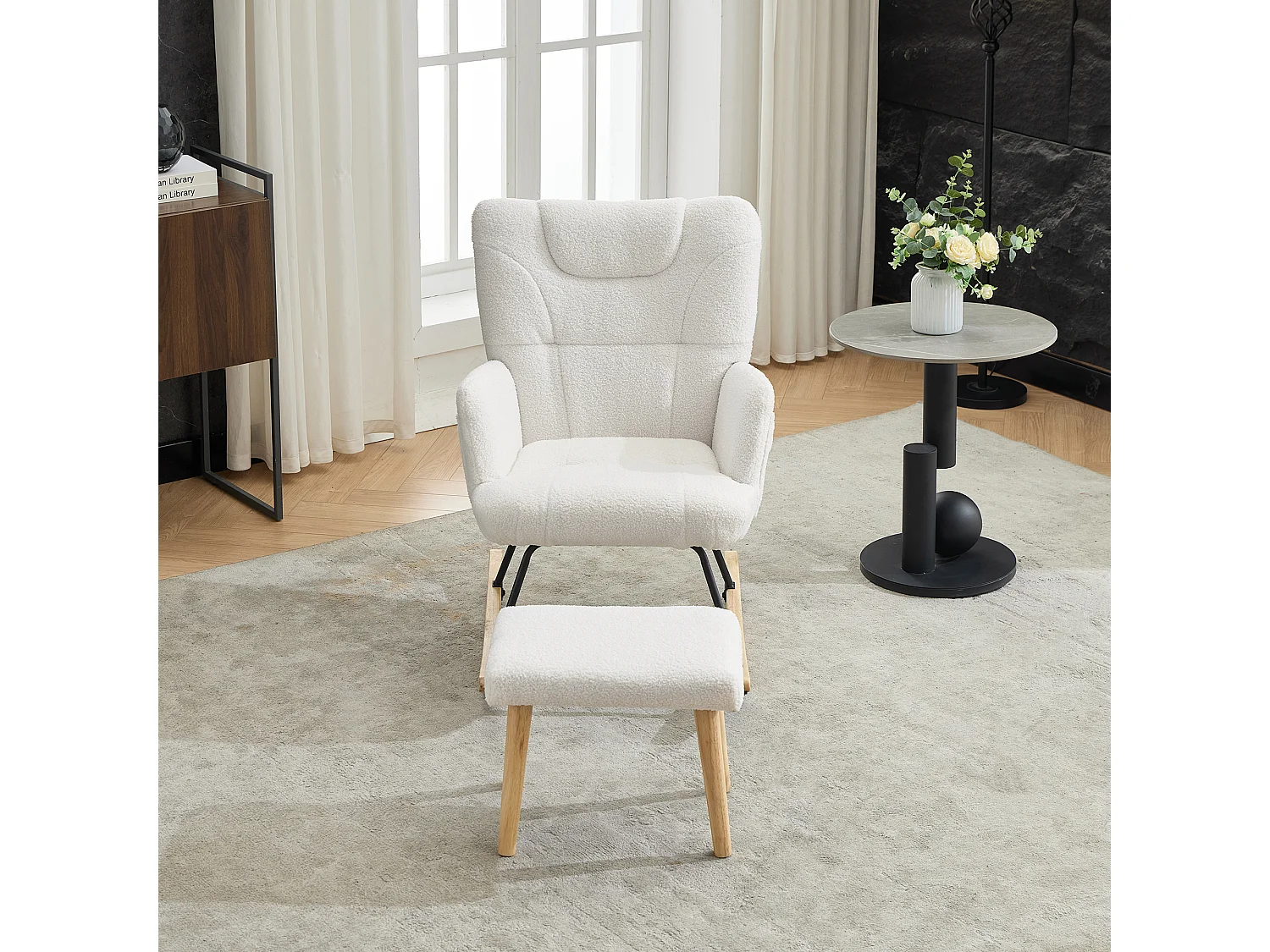Rocking chair rembourré ergonomique avec repose-pieds + dossier haut - 62 x 82 x 87 cm - velours - blanc