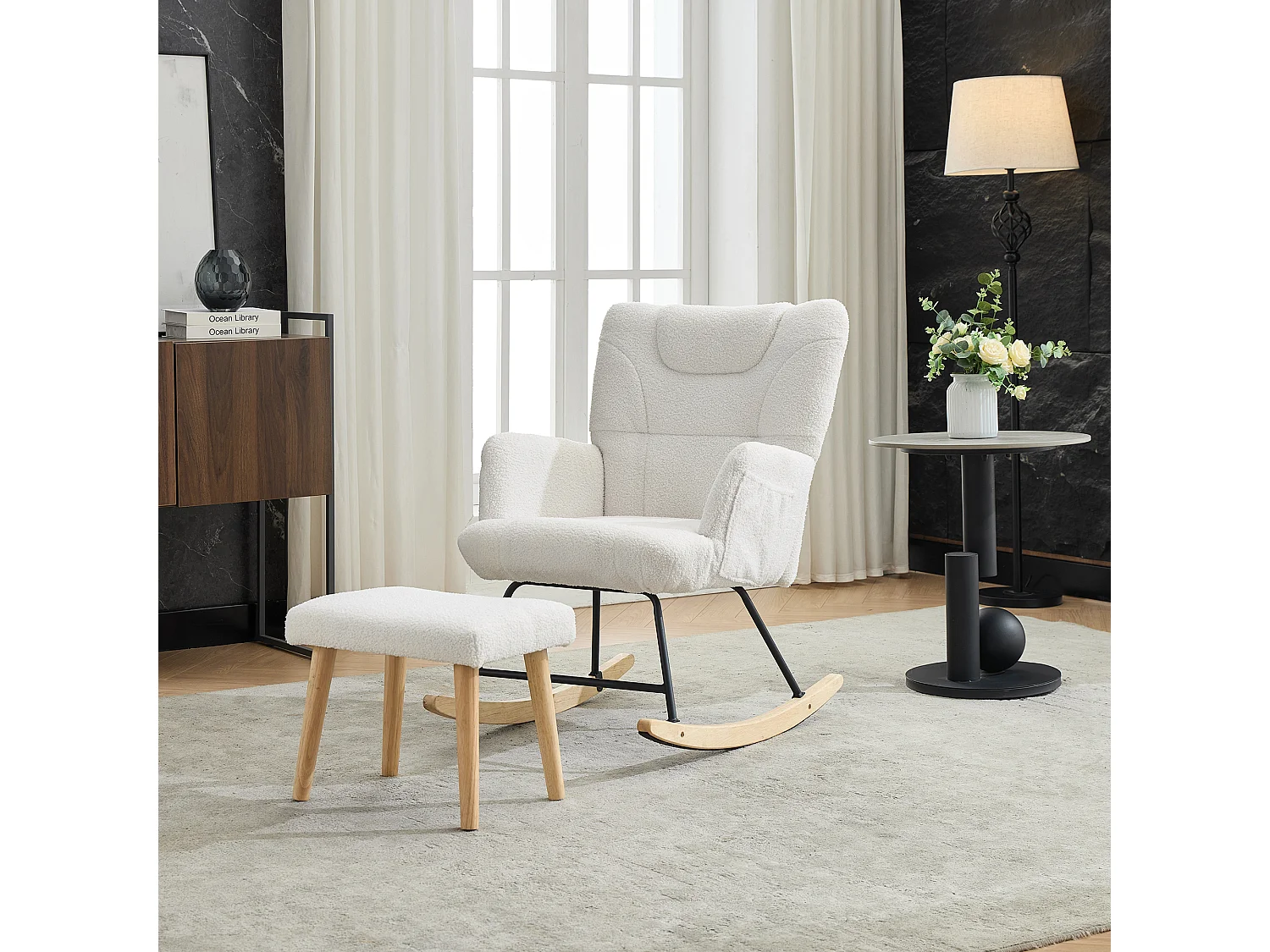 Rocking chair rembourré ergonomique avec repose-pieds + dossier haut - 62 x 82 x 87 cm - velours - blanc