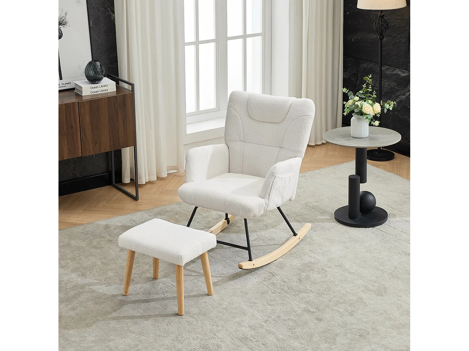Rocking chair rembourré ergonomique avec repose-pieds + dossier haut - 62 x 82 x 87 cm - velours - blanc