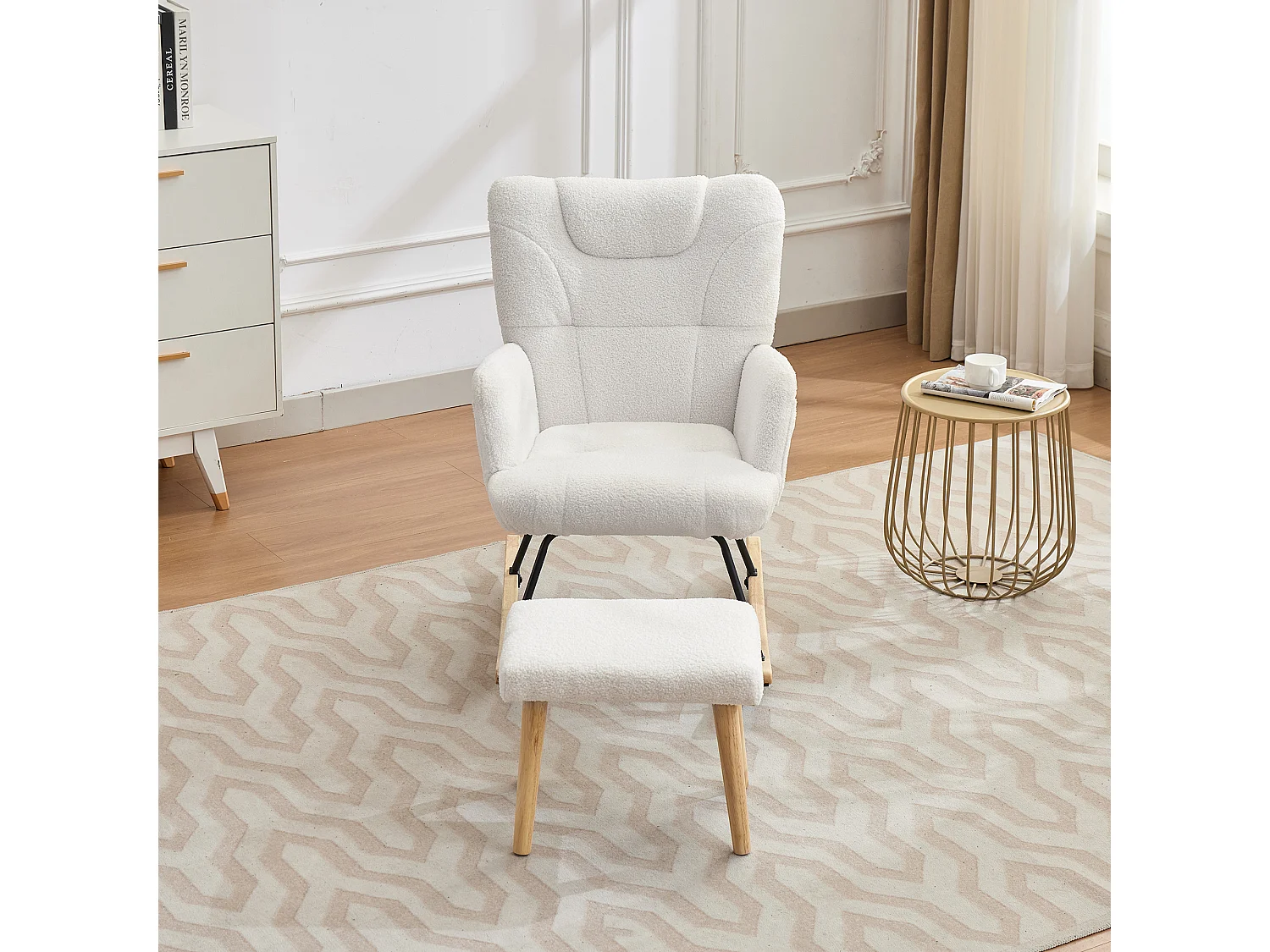 Rocking chair rembourré ergonomique avec repose-pieds + dossier haut - 62 x 82 x 87 cm - velours - blanc