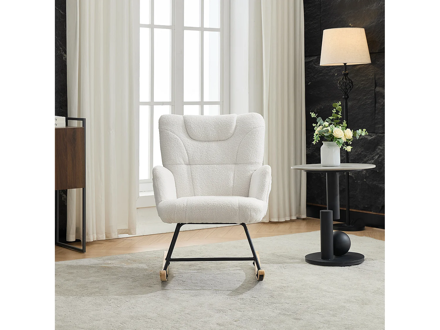 Rocking chair rembourré ergonomique avec repose-pieds + dossier haut - 62 x 82 x 87 cm - velours - blanc